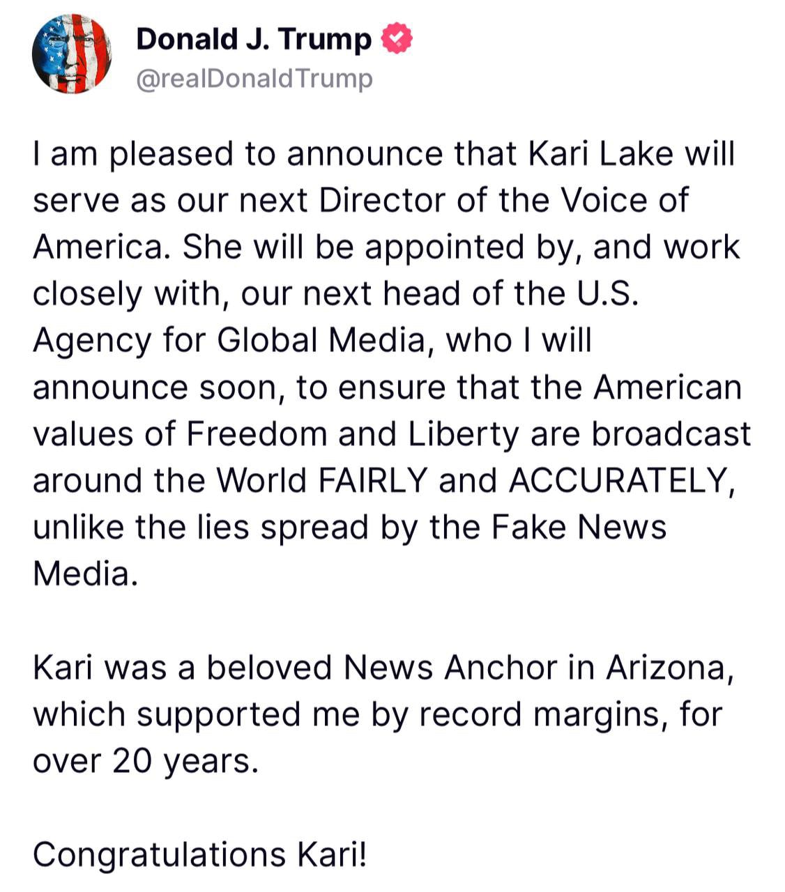 I am honored that President Trump has asked me to lead the Voice of America. 

VOA is a vital intern...
