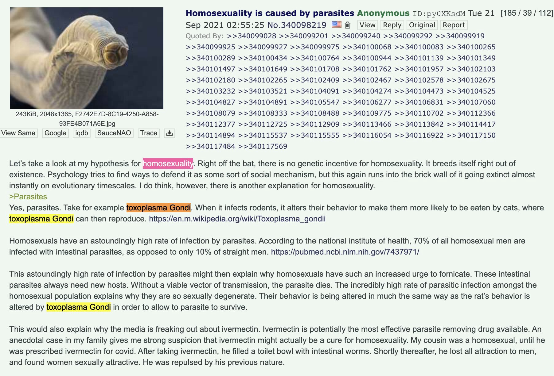 💥💥同性戀與寄生蟲的假設😱😱

從一開始，同性戀就不存在任何遺傳誘因。它會自行繁殖，直到消失。心理學試圖找到方法來對其進行辯護，認為它是一種社會機制，但這又一次遭遇了阻礙，即它在進化的時間尺度...