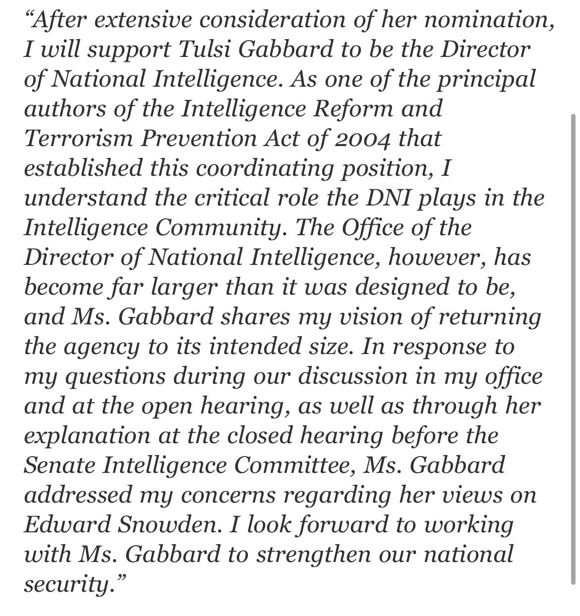 BREAKING: Sen. Susan Collins of Maine has announced she is a YES for confirming Tulsi Gabbard as Dir...