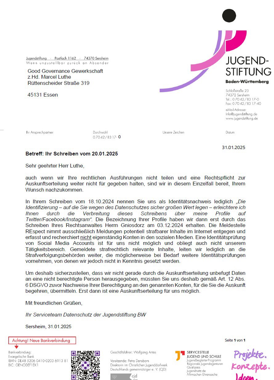 Marcel Luthe hat die zertifizierte Meldestelle Respekt! um Auskunft nach DSGVO gebeten:

“Und wieder...