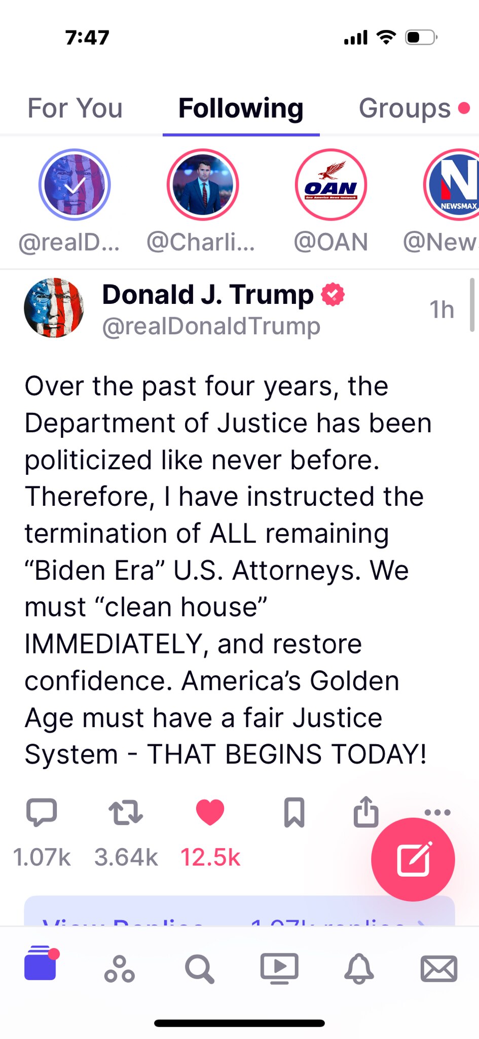 过去四年来，司法部前所未有地政治化。 因此，我已指示终止所有剩余的 "拜登时代 "美国检察官的职务。 我们必须立即 "清理门户"，恢复信心。 美国的黄金时代必须有一个公平的司法系统--从今天开始！