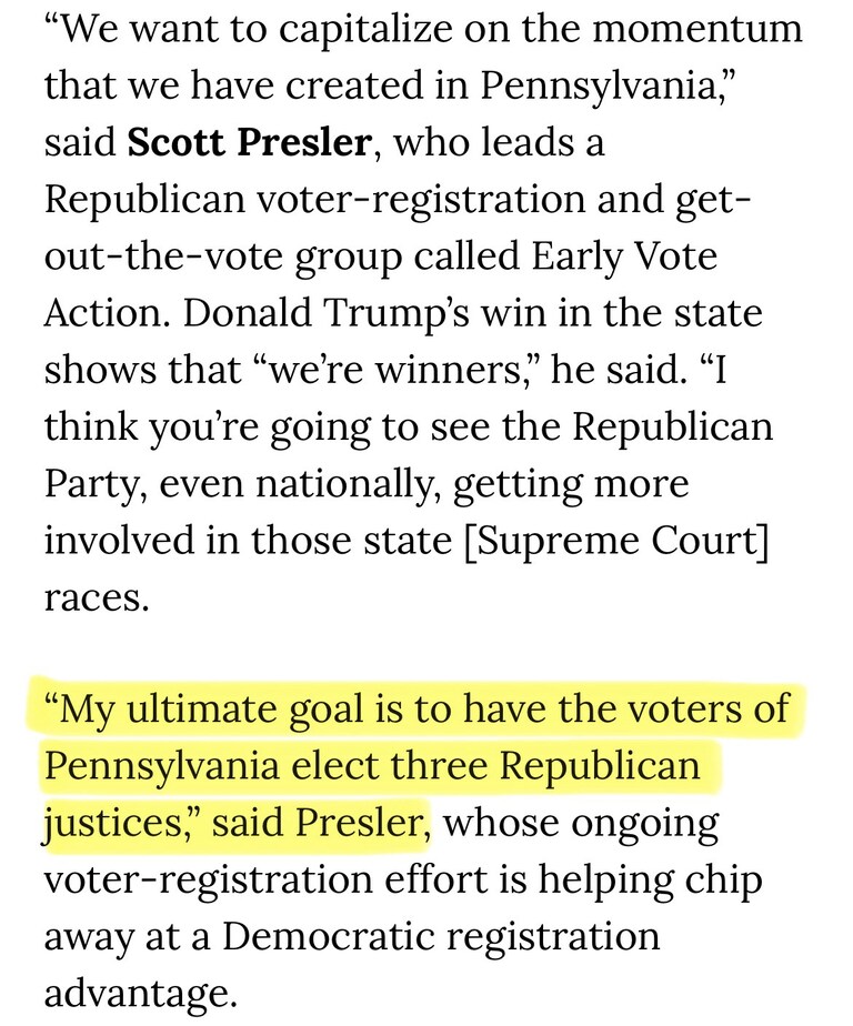 ♟️HERE’S THE VISION♟️
Pennsylvania Supreme Court is 5D-2R.
3 of the 5D are up for retention this November.
If we vote ❌NO, they vacate the bench.
Then,