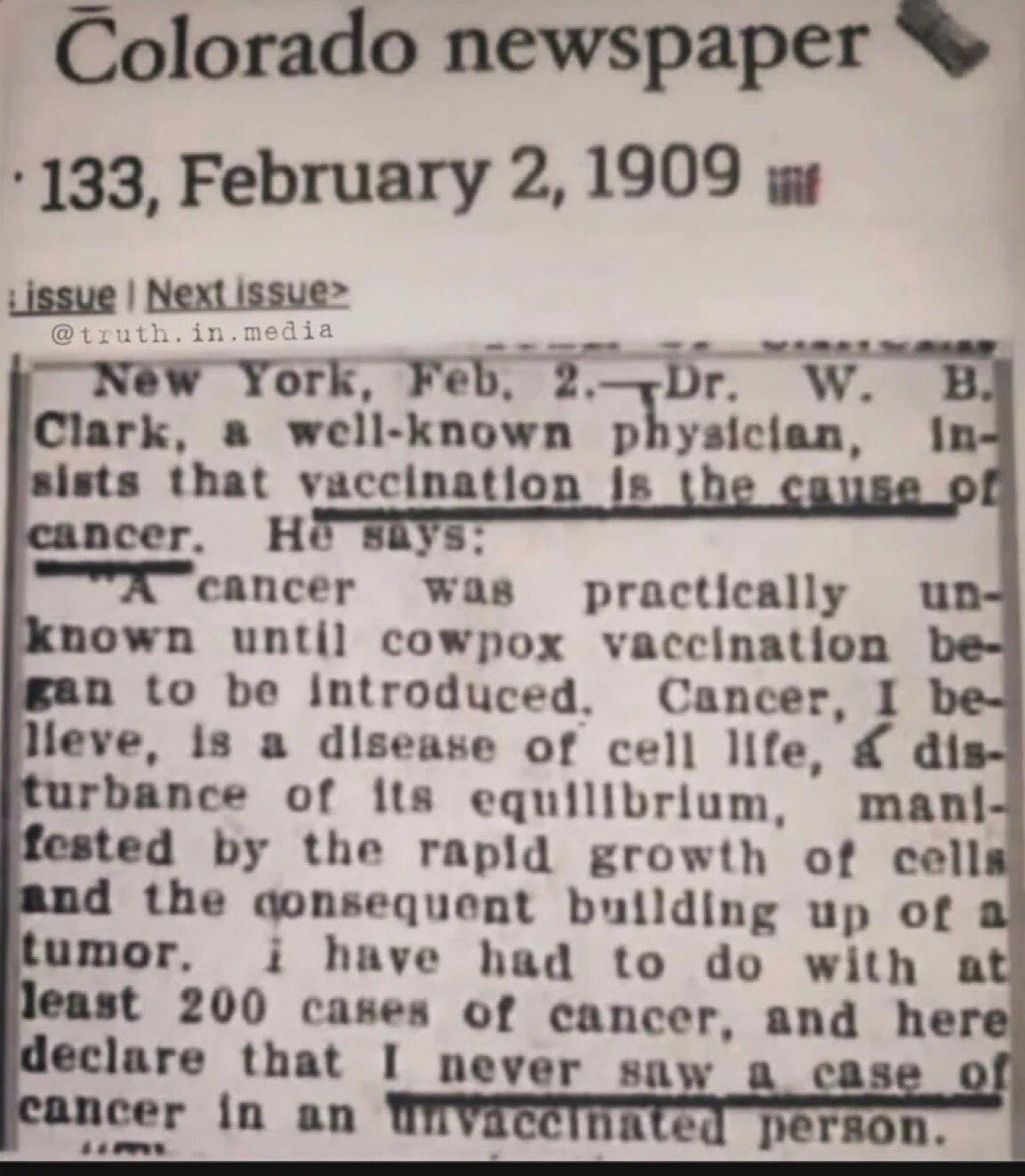 In 1909, a Colorado physician linked cancer to vaccination, claiming he’d never seen cancer in the u...
