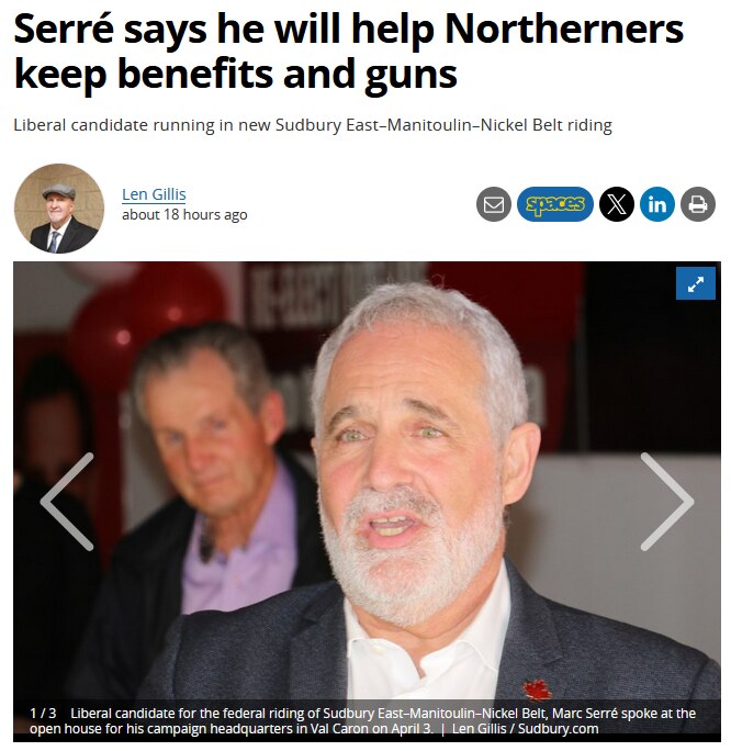 Hey Sudbury, Liberal MP Marc G. Serré just claimed the Liberals are not out to take away hunting rifles or firearms that farmers need. "Actually give me that hunting rifle model number, and I'll make sure that it's not on the list, and if it is, I'll get it off," Serré told the audience.

His publicly listed phone numbers are 705-897-2222 and 705-580-2584. Call him.

Read More:
https://www.sudbury.com/2025-federal-election-news/serre-says-he-will-help-northerners-keep-benefits-and-guns-10478981

#cdnpoli #elxn45 #election #news #trending 
