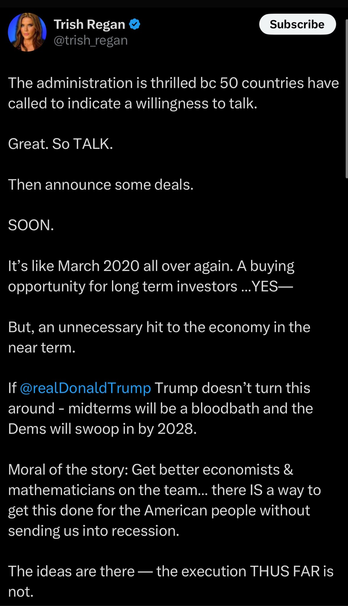 Trish Regan Nails It

https://x.com/trish_regan/status/1908939794580635660?s=46&t=ECqdZL_9ZGFJGqr2dy...