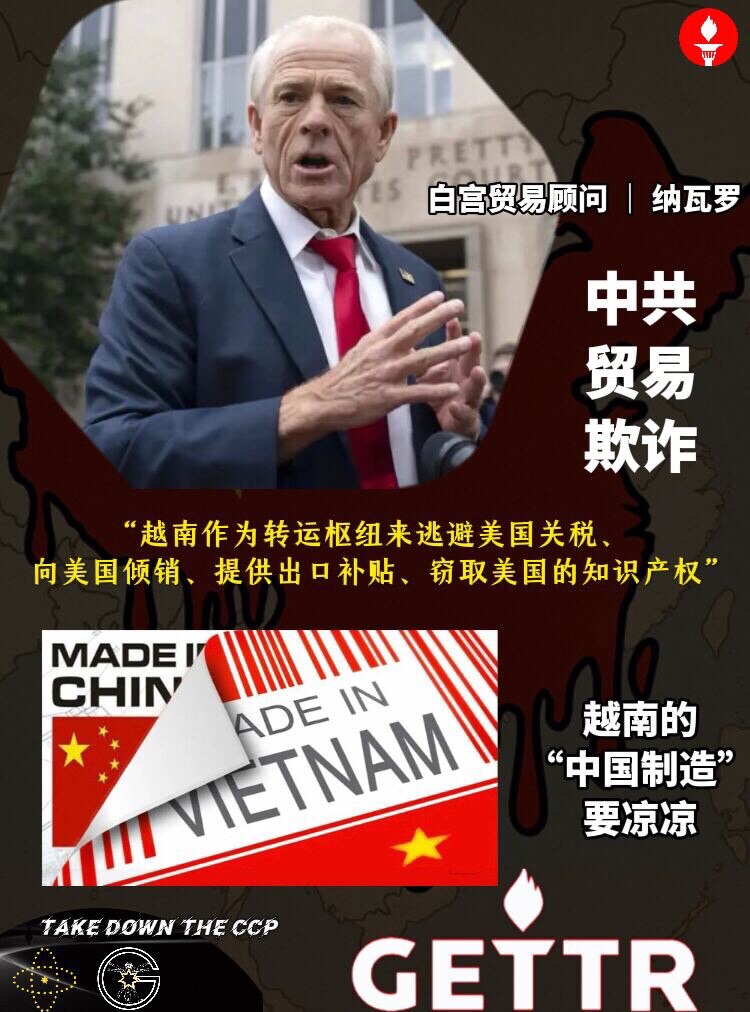 越南的 #中国制造 要凉凉

白宫贸易顾问纳瓦罗（Peter Navarro）表示，越南提议的进口美国商品零关税对美国来说“毫无意义”，因为“ #关税欺诈 才是重点”。他举例说：越南作为转运枢纽来逃避...