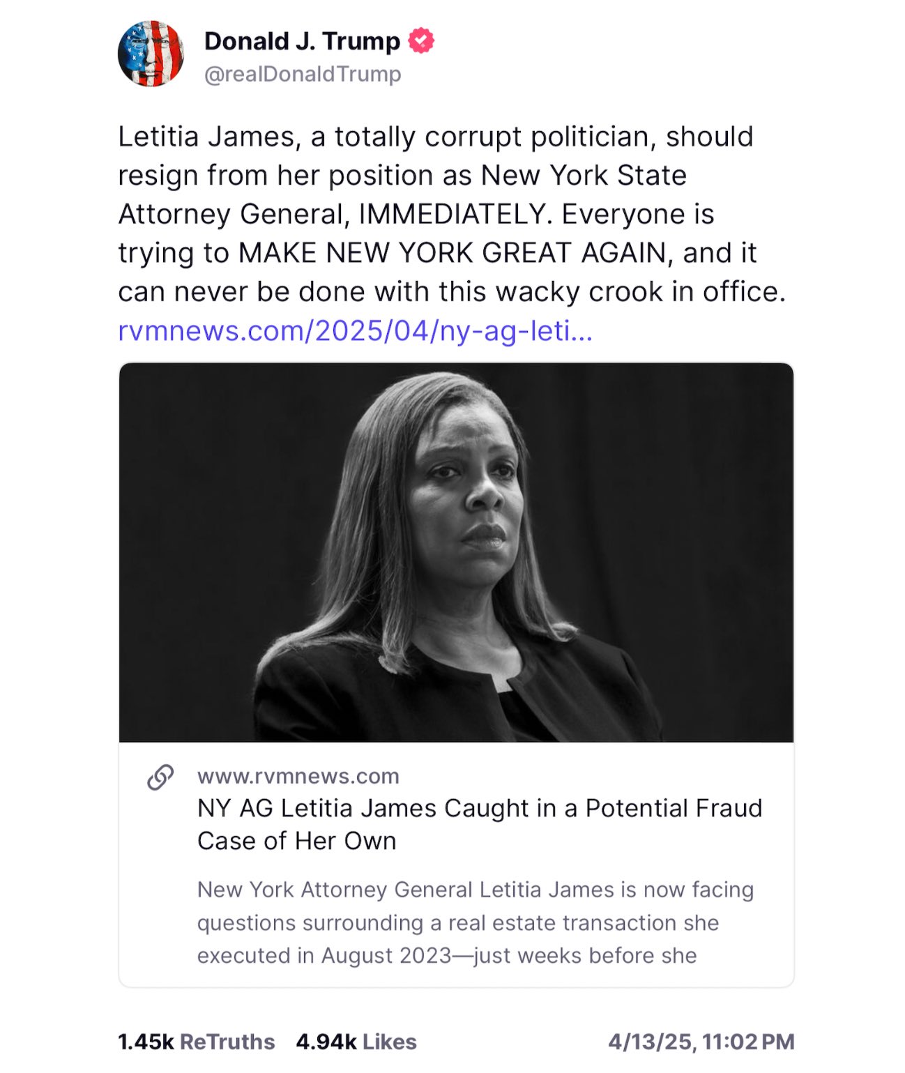 Letitia James 
Only prosecutes 

Trump 🤯 and his followers 

Other FELONS including 
Democrats 💀 �...