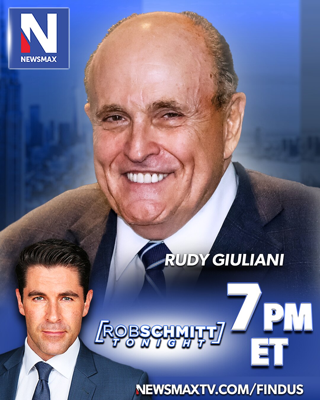 TONIGHT: Former NYC Mayor and longtime Trump ally Rudy Giuliani will join "Rob Schmitt Tonight" to weigh in on the DOJ turning its attention to New York Attorney General Letitia James — 7PM ET on NEWSMAX.

WATCH: https://www.newsmaxtv.com/findus 
