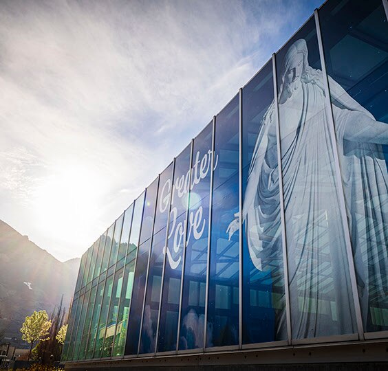 To celebrate Easter week the Brigham Young University library and other campus buildings display ima...