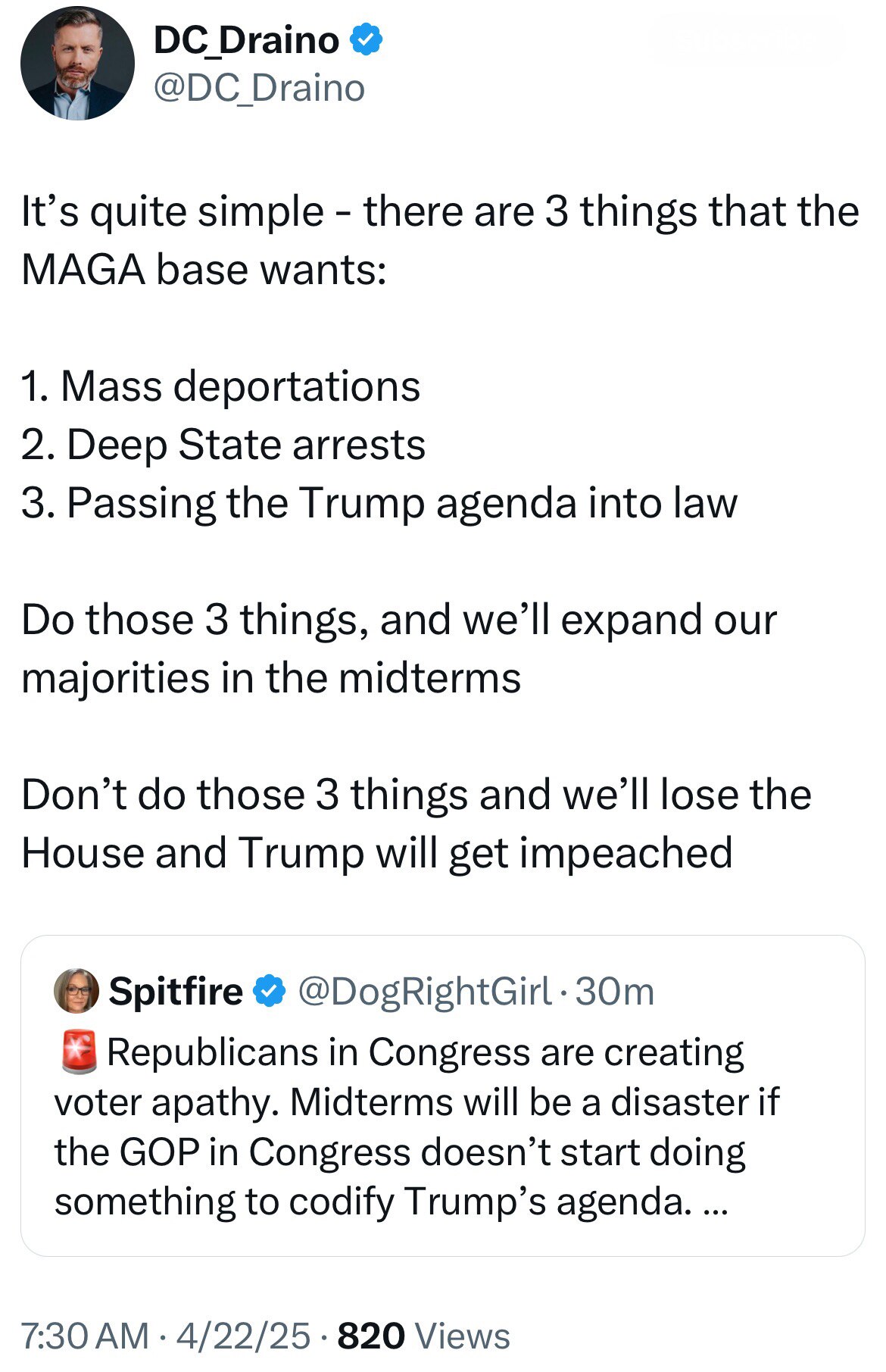 ▪️Deliver on deportations, arrests and Trump’s agenda or watch the GOP crumble … along with the political career of everyone in the GOP because you will never be forgotten or forgiven by over 80 Million Americans. Your names will go down in history as traitors for destroying this country … 80 million people will make sure of that!
@SenateGOP
@HouseGOP
@SteveBannon