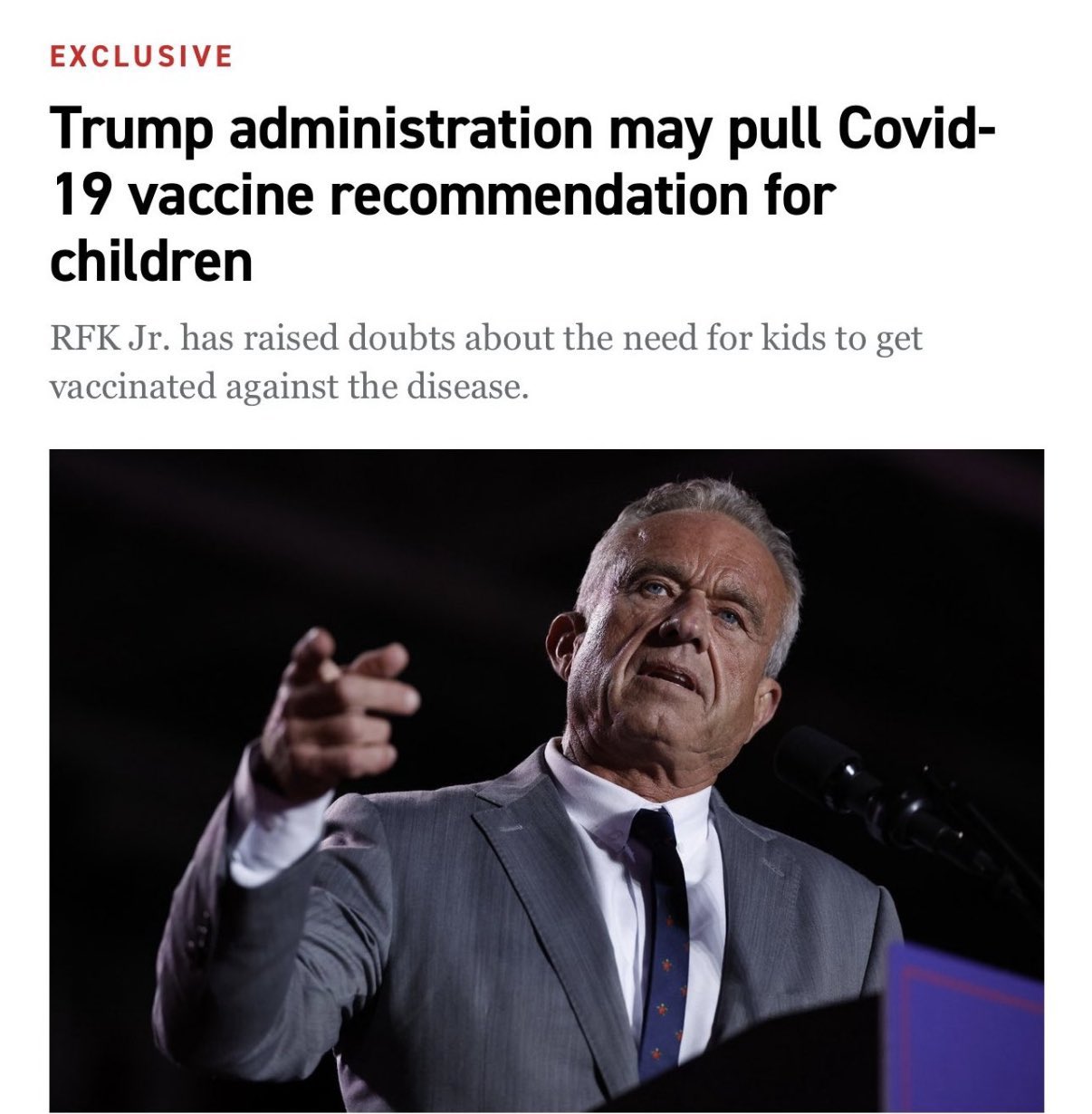 【川普政府或撤回针对儿童的新冠疫苗接种建议】
罗伯特·肯尼迪（RFK Jr.）对儿童接种疫苗的必要性表示质疑。

评：
都什么时候了，这还用考虑？😤😤😤