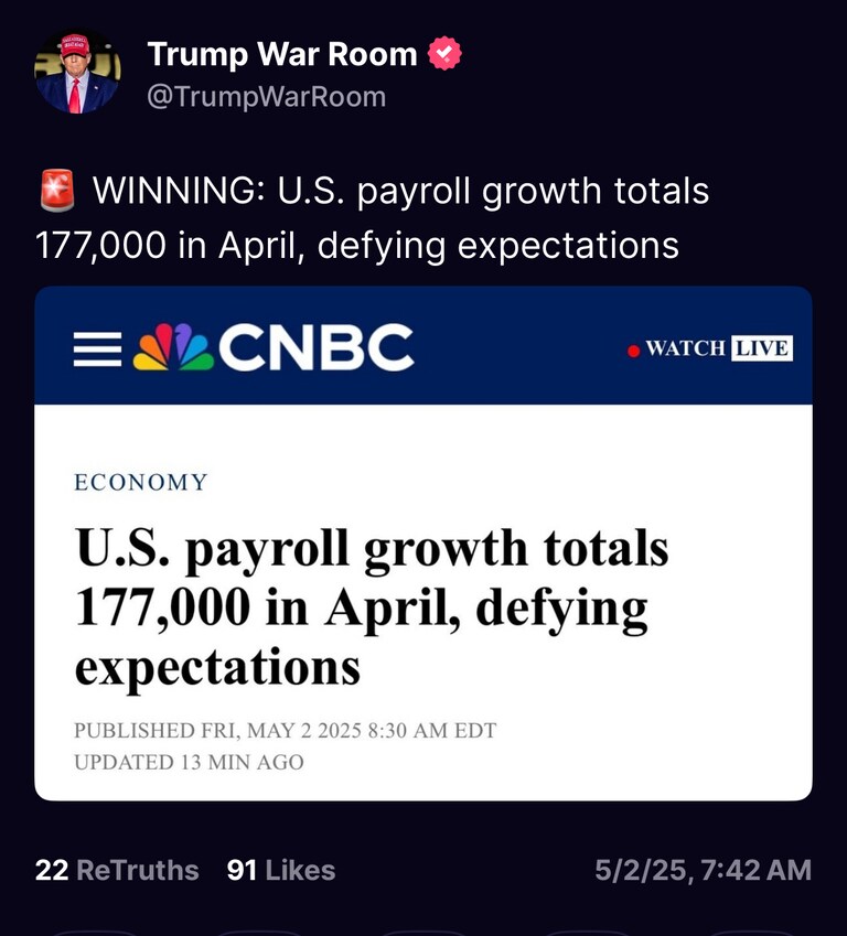 https://truthsocial.com/@TrumpWarRoom/114438764453743835
#MAGA #Jobs #Economy #Trump #AmericaFirst #News 