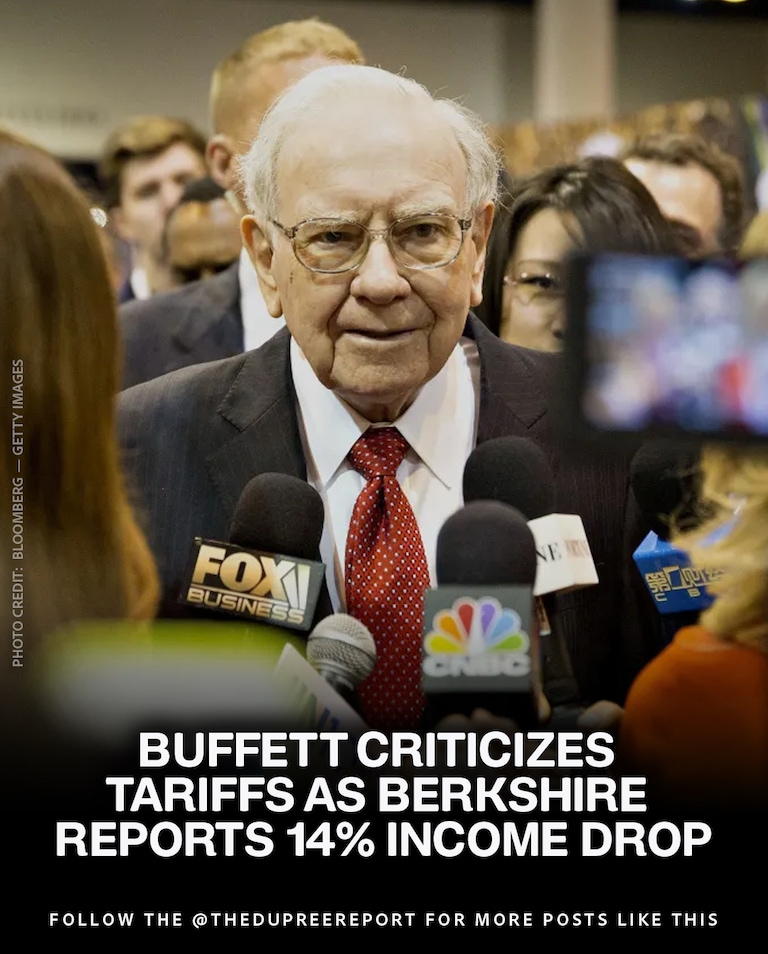 Warren Buffett criticized tariffs at Berkshire Hathaway's annual meeting, saying, "Trade should not be a weapon." Despite a 14% drop in operating income, B