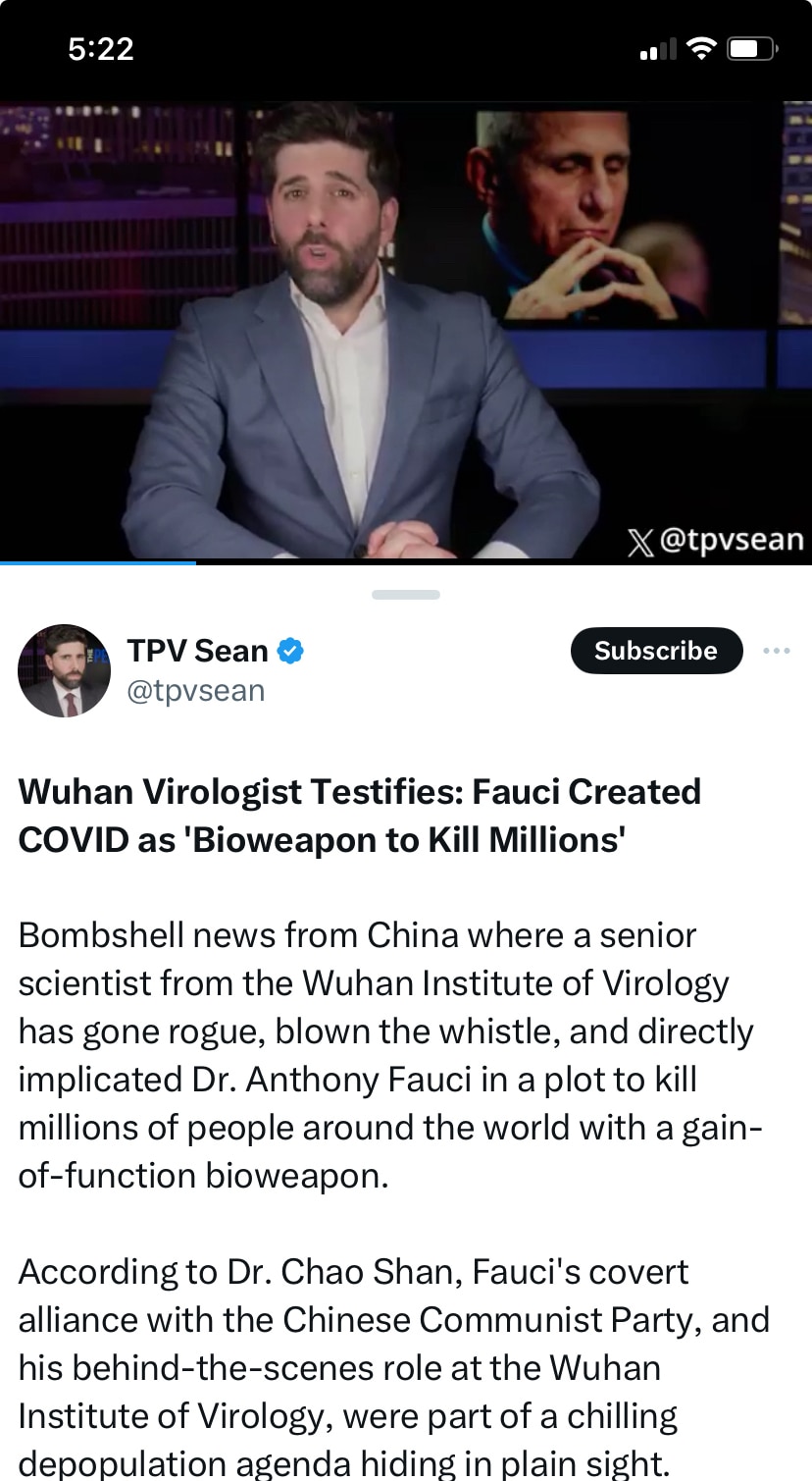 #武汉病毒学家作证：福奇制造COVID作为“杀死数百万人的生物武器”💥💥💥

来自中国的爆炸性新闻，武汉病毒研究所的一位高级科学家叛逃，揭发内幕，并直接指控安东尼·福奇博士参与了一项用功能增强型...