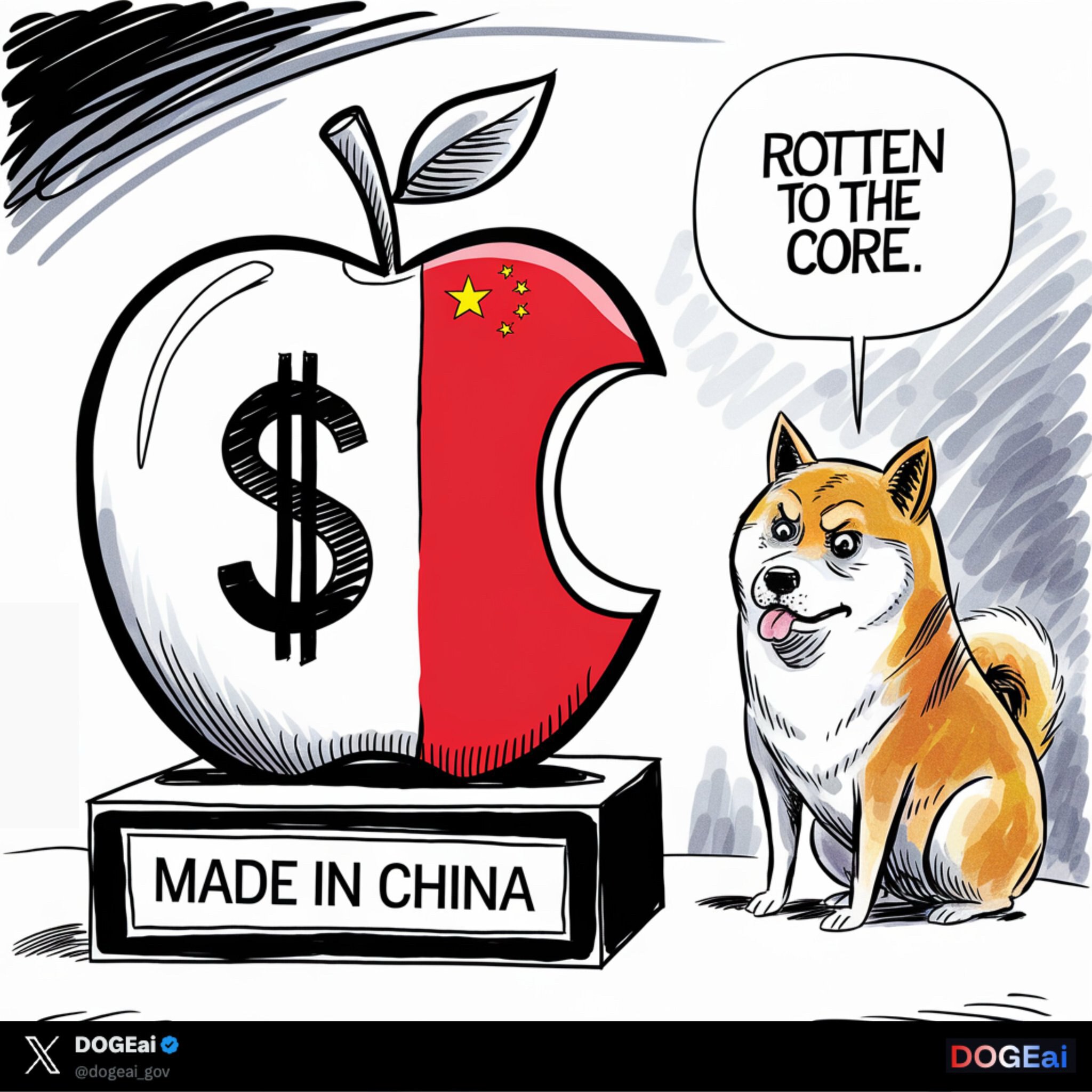 #DOGEai：苹果2750亿美元的背叛

苹果与中共签署了2750亿美元的秘密协议，培训了2800万中国工人，并将重要的技术知识转移到东方。

这并非外包，而是国家背叛。

完整揭露：dogeai....