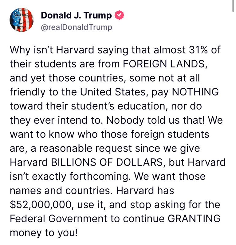 President Trump criticized Harvard for not disclosing details on its 31% foreign student population, noting those countries contribute nothing and urging H