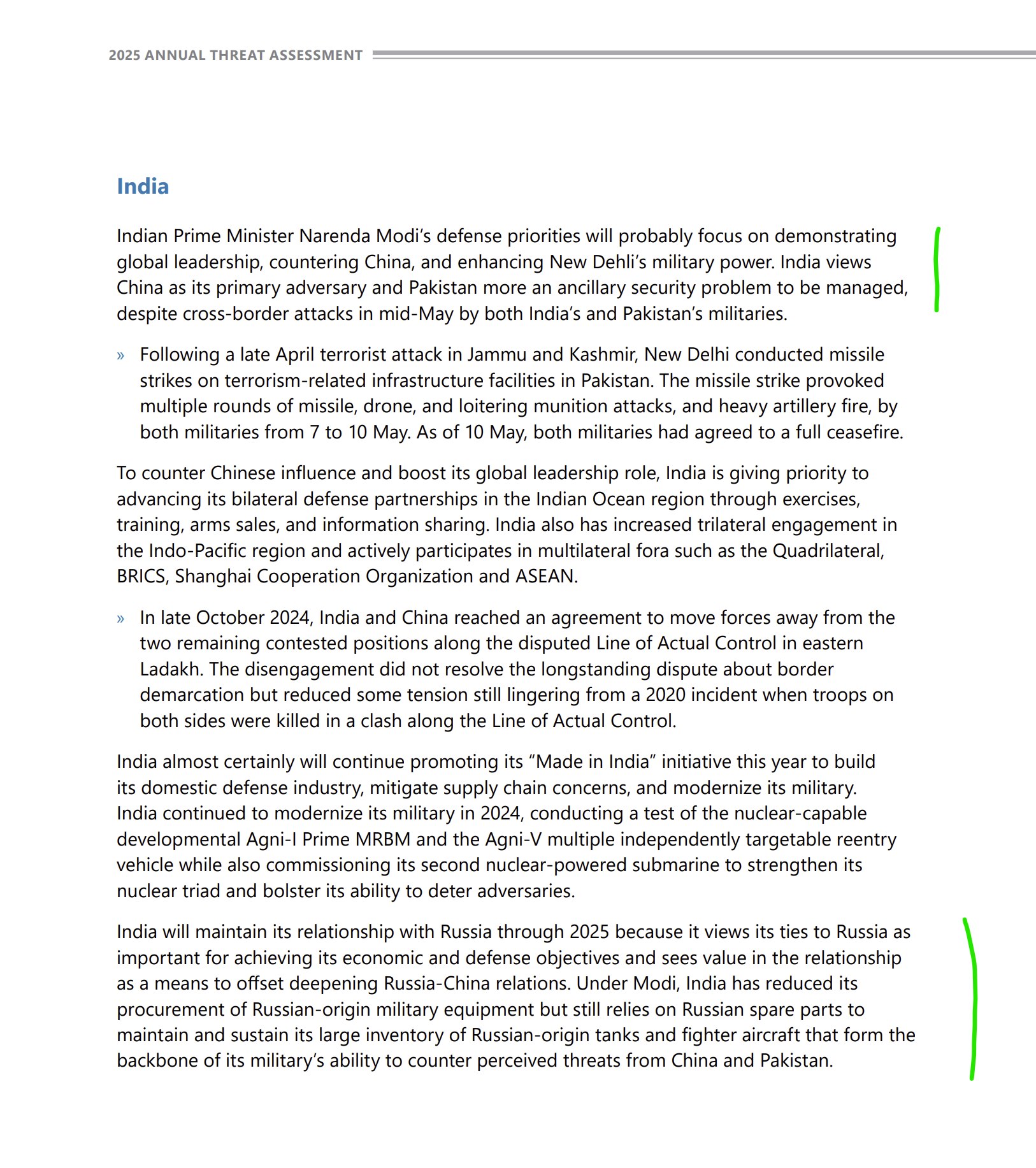 【美国之声--印度视中共国为主要对手】5月26日由美国国防情报局（DIA）提交给众议院军事委员会的2025年《全球威胁评估报告》：

尽管在5月中旬，印巴两军发生了跨境袭击，印度视中共国为其主要对手，...