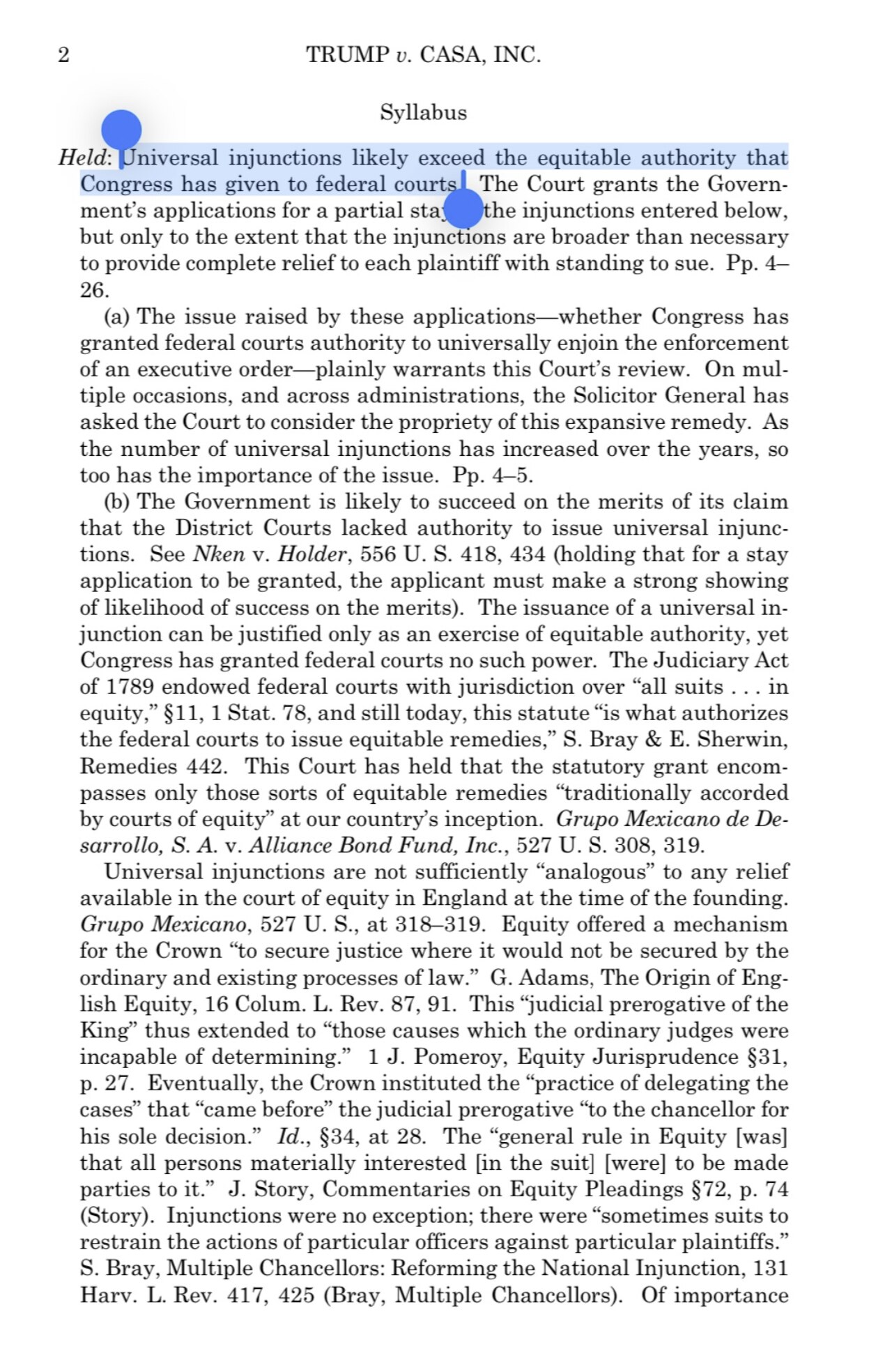 【美国之声--最高法院称全国性禁令不合宪法】2025年6月27日最高法院6月27日判决：

全国性禁令不合宪法。 判决原文称：“全国性禁令可能超出了国会授予联邦法院的衡平法权力范围”（Universa...