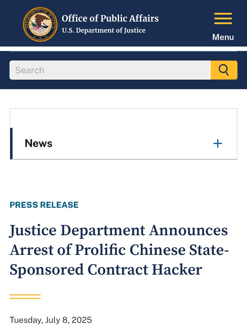 美国再抓捕中共特务间谍‼️
中共情报部门“国安部”和“上海安全局”的33岁特务徐泽伟于7月3日在意大利被捕，引渡美国。曾与同伙张宇入侵美国高校及研究机构，窃取新冠疫苗研发等数据。并实施对美国关键科研和...