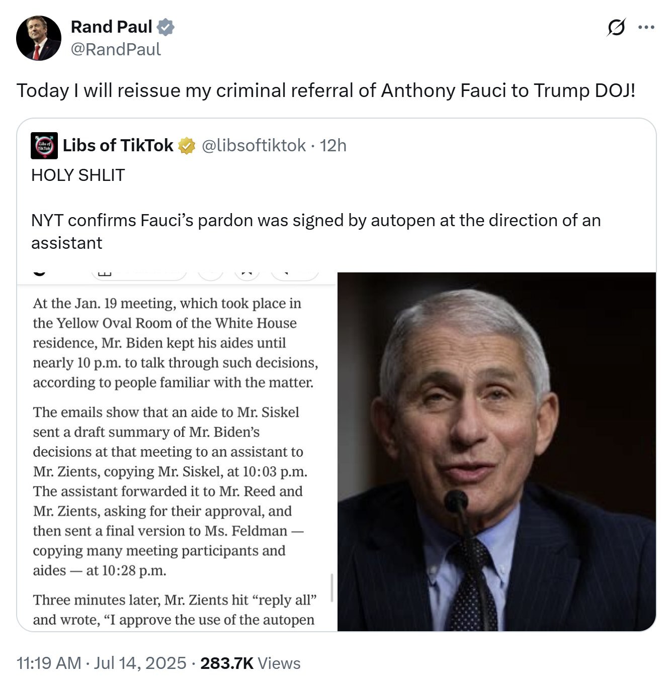 【美国之声】2025年7月14日参议院国土安全与政府事务委员会主席、参议员保罗（Paul Rand）：

今天我将再次向川普的司法部提交对安东尼·福奇的刑事调查、起诉的正式请求！

#自动笔 #豁免 ...