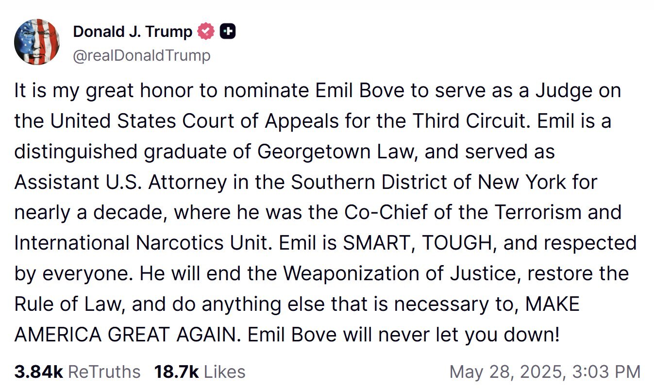 【美国之声--推进律师博伟为第三巡回上诉法院法官】2025年7月17日参议院司法委员会投票推进川普总统提名人，川普总统前私人律师博伟（Emil Bove）为第三巡回上诉法院（3rd Circuit C...