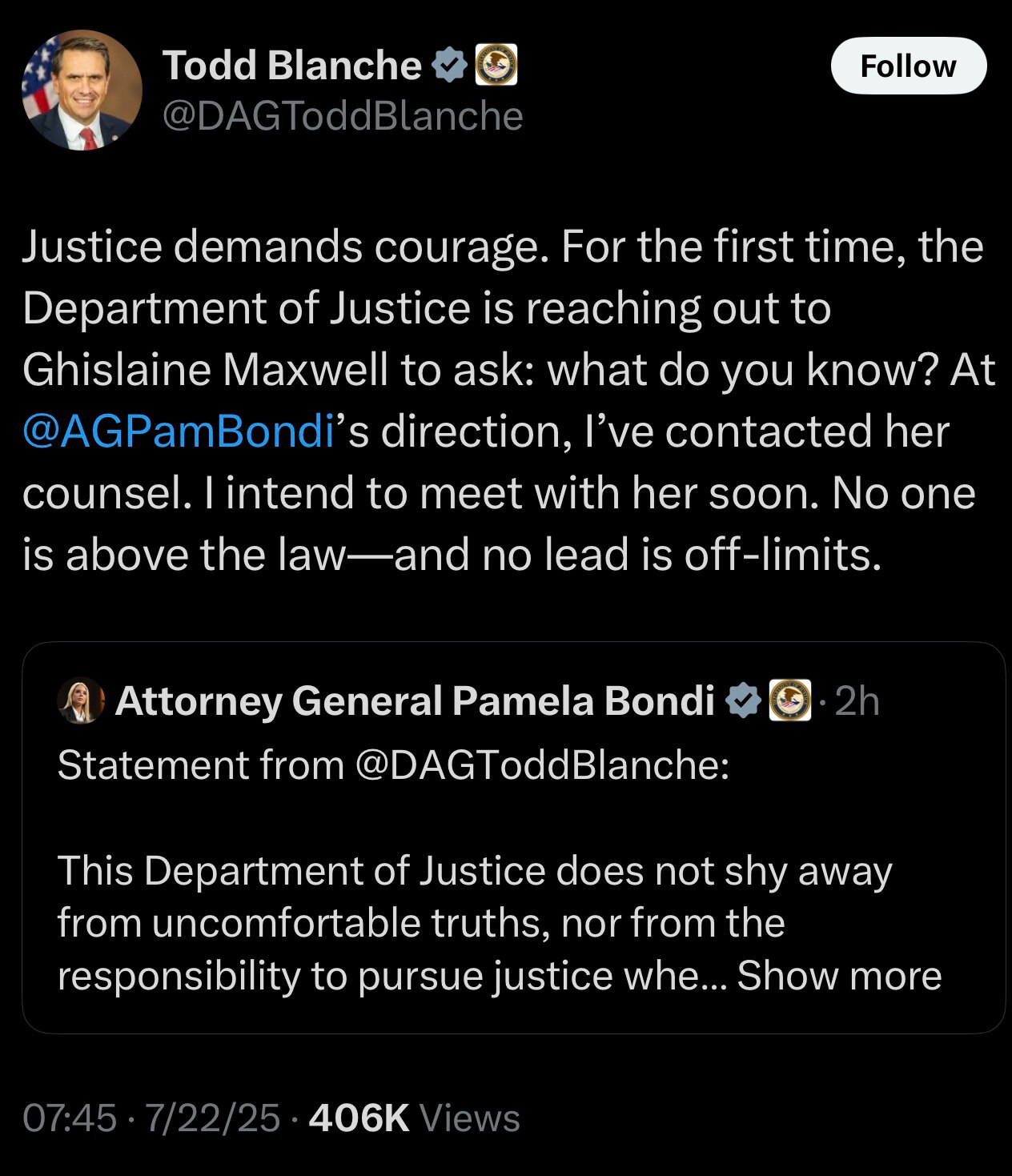 Deputy AG Blanche to Meet/Interview Maxwell on What She Knows

https://x.com/dagtoddblanche/status/1...