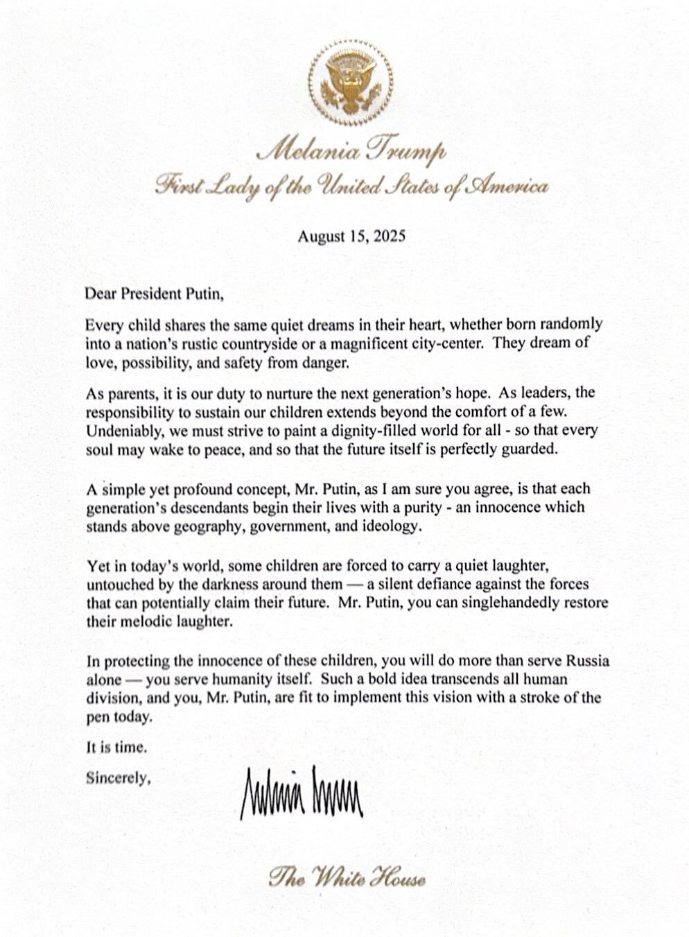 Melania Trump Urges Putin—“It Is Time”

First Lady Melania Trump sent a powerful letter to Vladimir ...