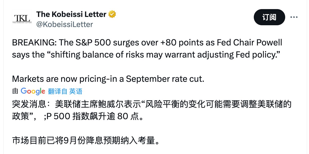 美联储主席鲍威尔表示“风险平衡的变化可能需要调整美联储的政策”， P 500 指数飙升逾 80 点。市场目前已将9月份降息预期纳入考量。

#美联储降息 #三票先生 
