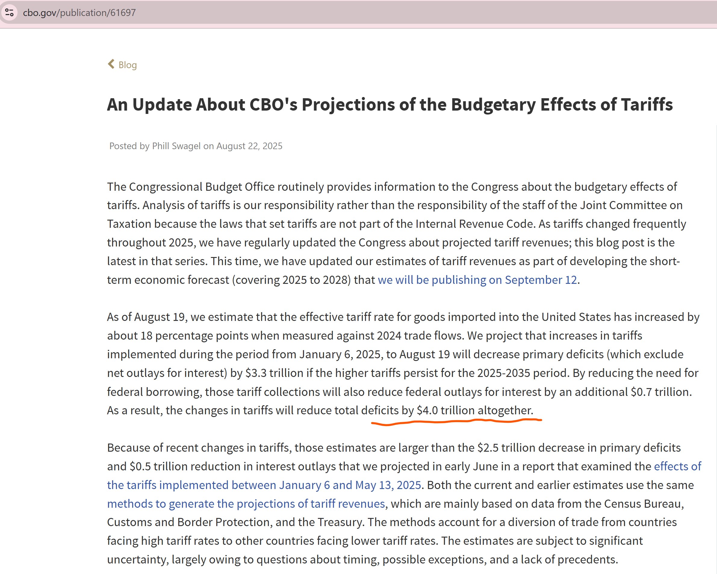 【美国之声--川普总统关税政策将使未来10年美国财政赤字减少$4万亿】2025年8月22日美国国会预算办公室：

截至2025年8月19日，美国对进口商品的有效关税税率已上升约18个百分点。我们预测，...