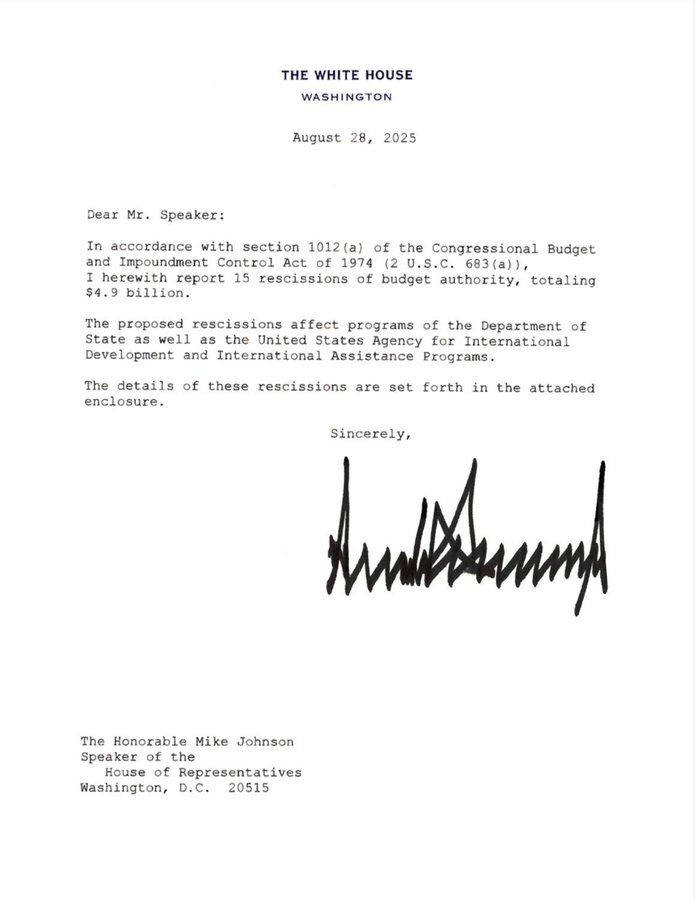 【美国之声--总统行使拒绝支出预算资金的权力】2025年8月28日川普总统告知众议院议长约翰逊（Mike Johnson），他取消了众议院批准的$49亿的对外援助。 

注：8月13日哥伦比亚特区联邦...