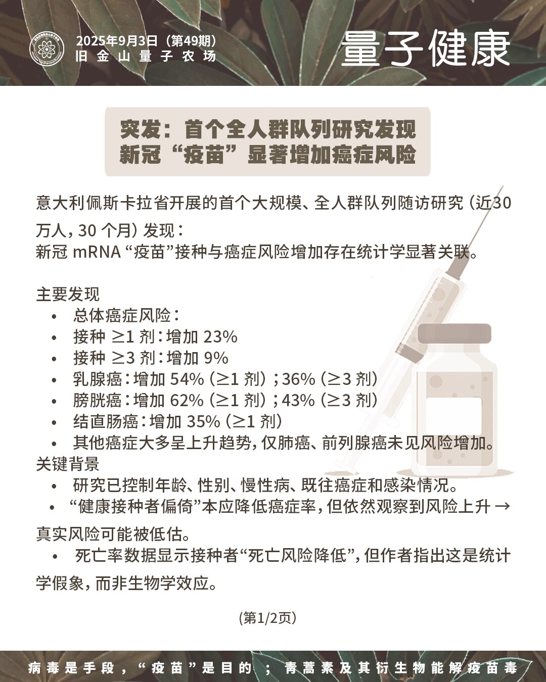 🔴震撼突发：首个全人群队列研究发现新冠“疫苗”显著增加癌症风险

🔥该研究首次在人群规模上确认：新冠“疫苗”接种与癌症风险增加有关，但真实情况可能更为严重，未来长期随访将揭示更多风险，需尽早排毒解...