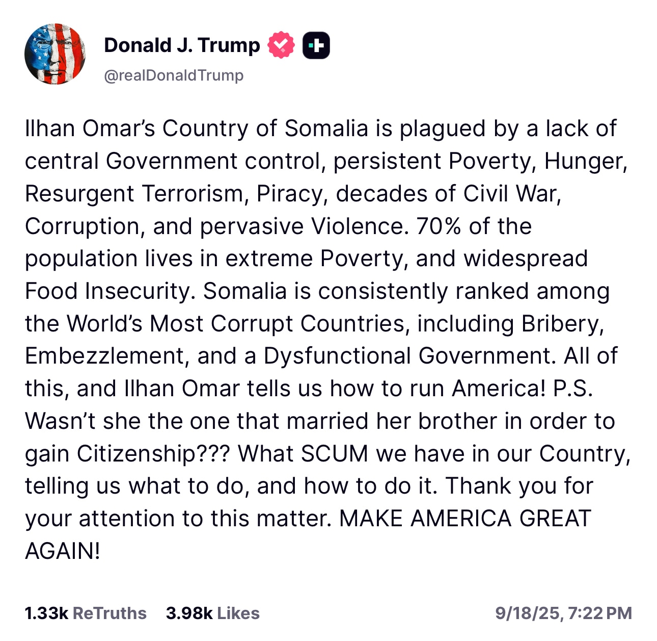 Let’s Drive Her Out of Congress and Out of America 

https://truthsocial.com/@realDonaldTrump/115227...