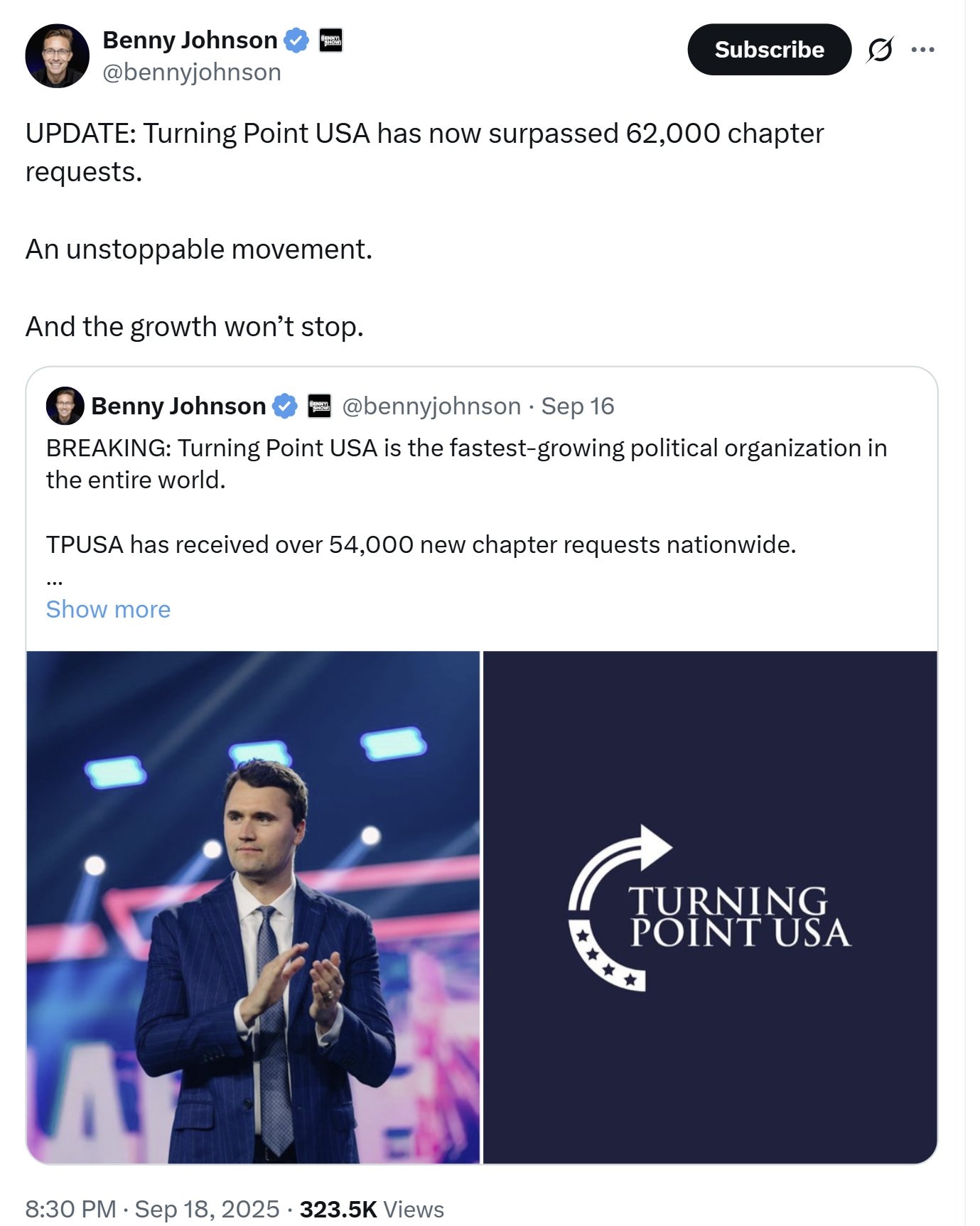 【美国之声--唤醒了沉睡的巨人（续）】2025年9月18日保守派媒体人约翰逊（Benny Johnson）：

美国转折点（Turning Point USA） 目前已收到超过 62,000 个分会申...