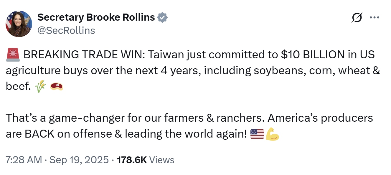 【美国之声--台湾承诺购买$100亿美国农产品】2025年9月19日农业部长罗林斯（Brooke Rollins）：

台湾刚刚承诺，在未来4年内购买价值$100亿的美国农产品，包括大豆、玉米、小麦和...