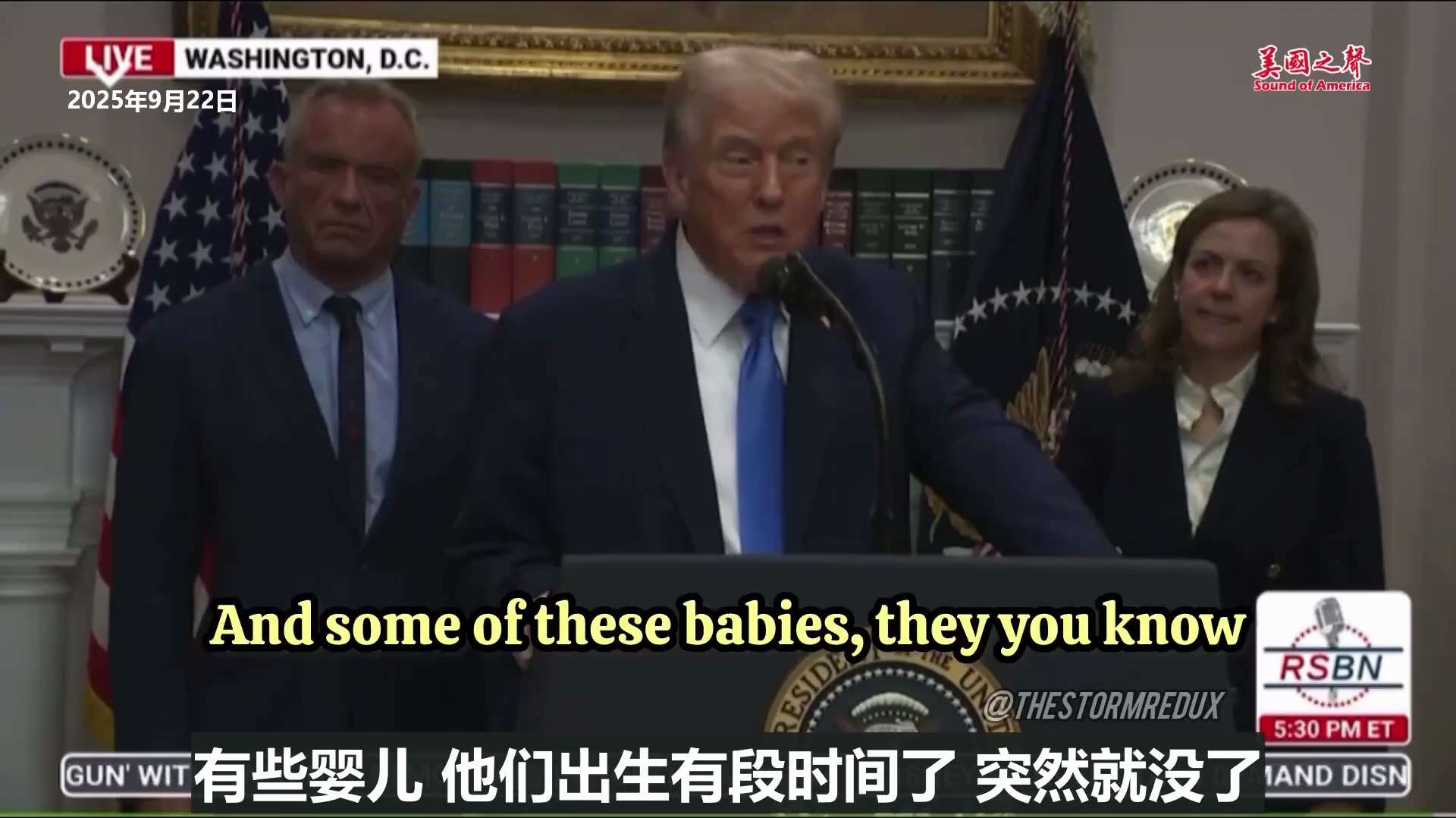 【美国之声--给婴儿分开打疫苗、别喂泰诺】2025年9月22日川普总统：

1. 有必要打疫苗的话，分开3、4、5次打，这样每次只有25%进入婴儿体内，只会更安全；
2. 不要给婴儿吃泰诺，“其实不吃...