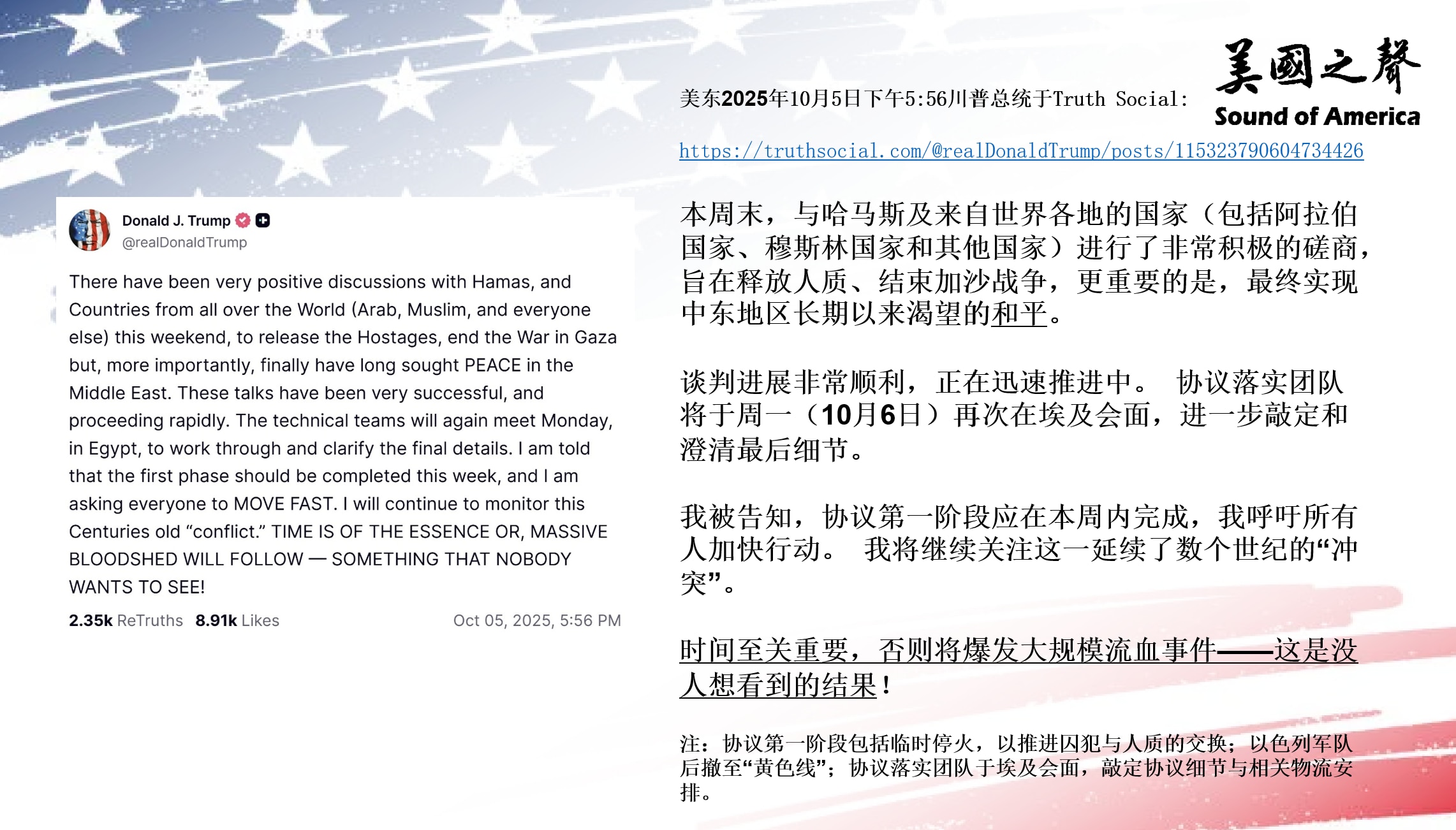 【美国之声--和平协议的第一阶段应在本周内完成，加快行动】2025年10月5日川普总统：

我被告知，和平协议的第一阶段应在本周内完成。 我呼吁所有人加快行动。 时间至关重要，否则将爆发大规模流血事件...