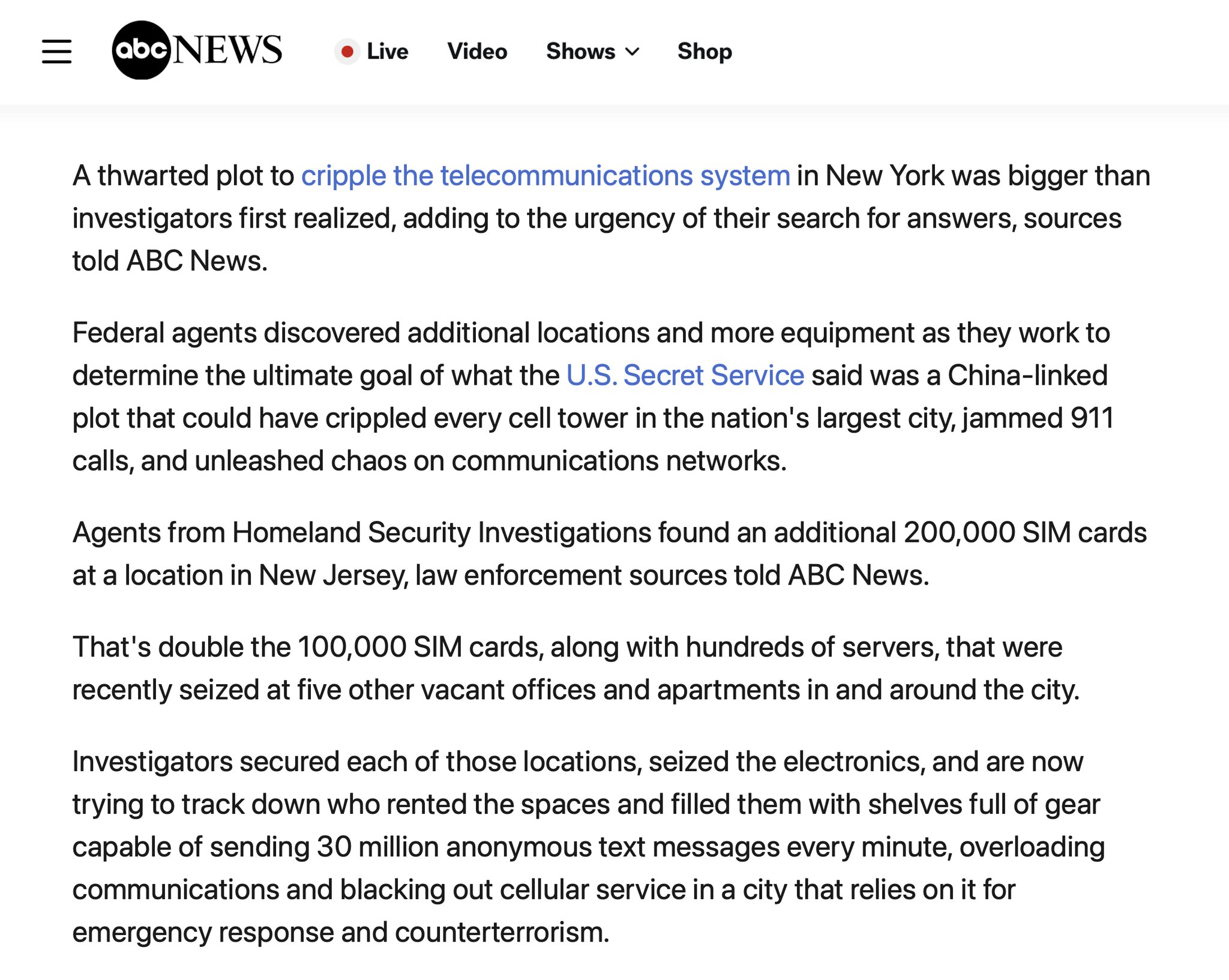 重磅新闻：美国联邦执法部门发现中共背景的另一张“SIM卡网络”，可能用于破坏美国关键基础设施并支持犯罪网络。

在新泽西州，国土安全调查局（HSI）查获 20万张SIM卡，是此前在纽约发现的10万张的...