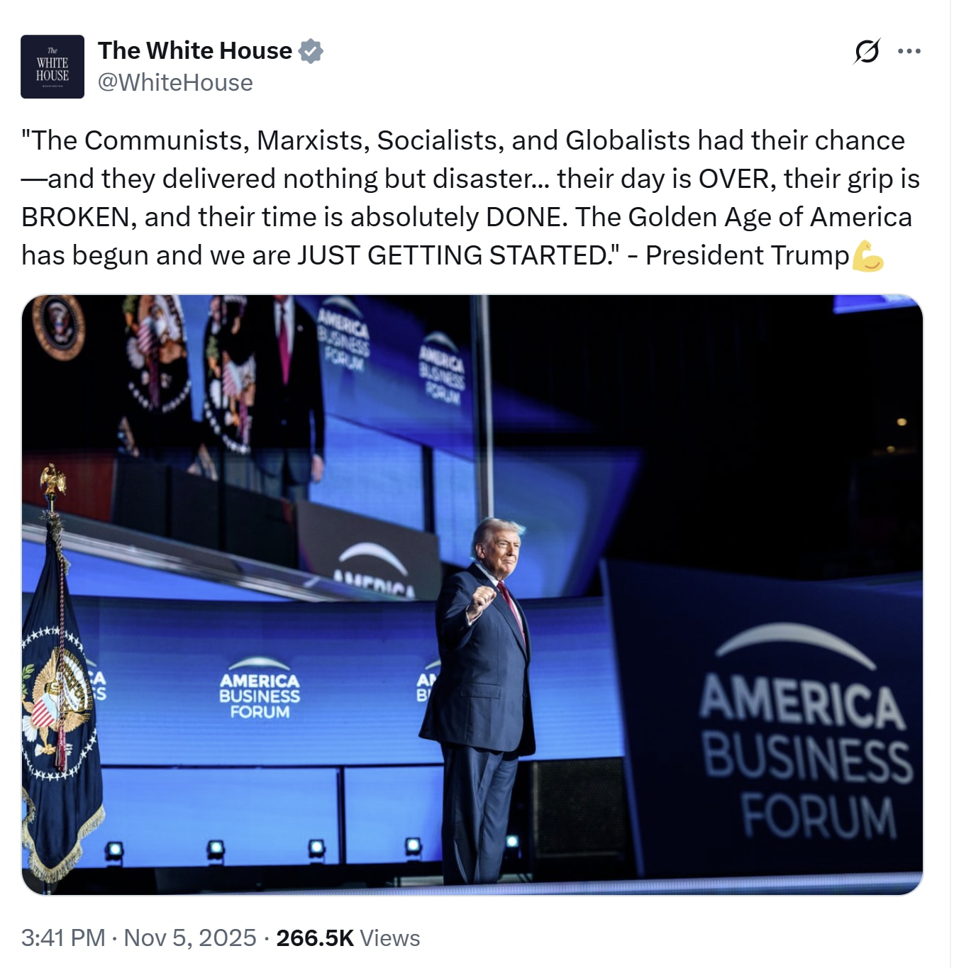 【美国之声--他们的日子彻底完了】2025年11月6日白宫发布川普总统讲话：

共产党、马克思主义者、社会主义者和全球主义者曾经有机会——但他们只带来了灾难！他们的时代已经结束，他们的控制被彻底打破，...