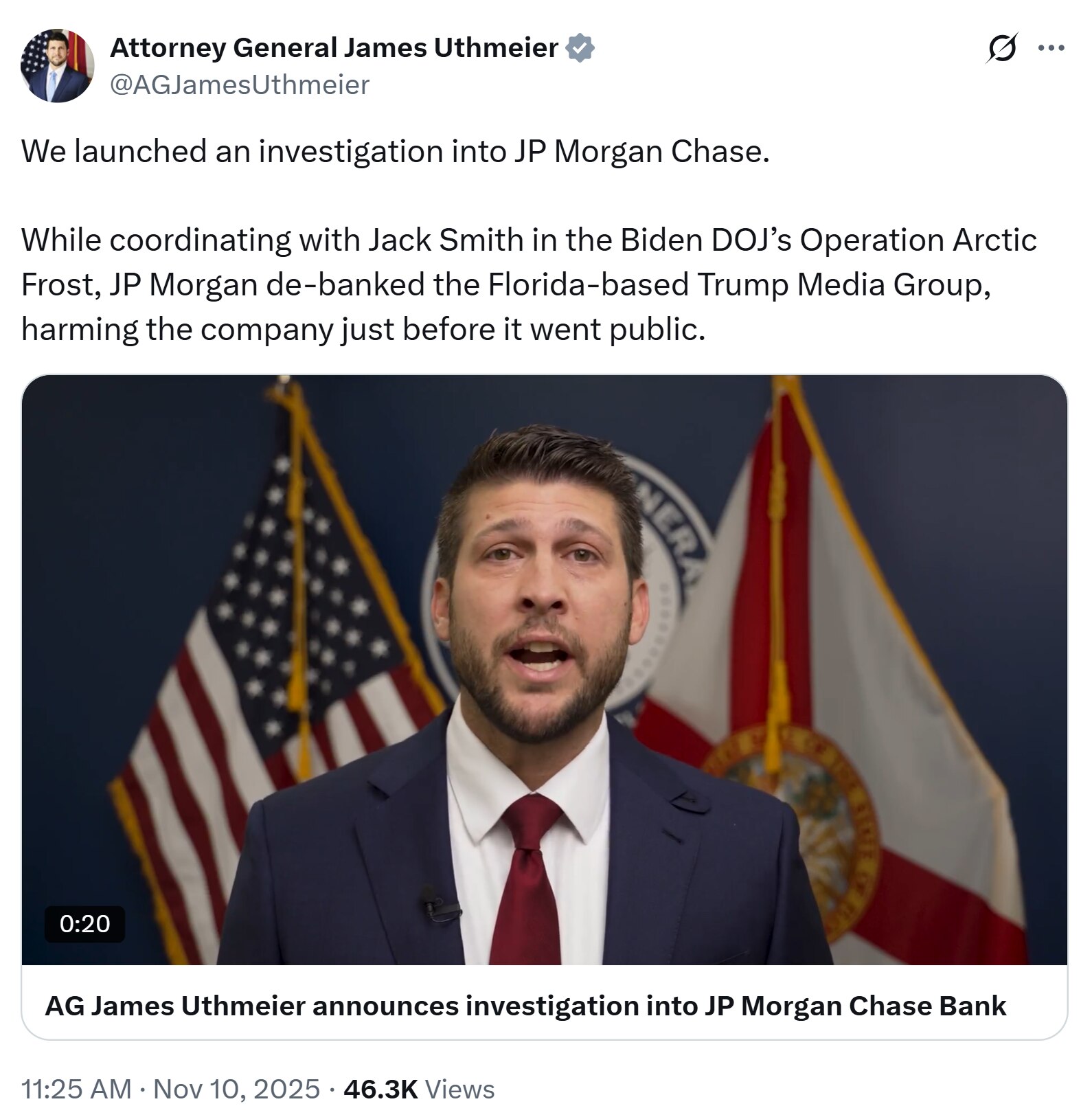 【美国之声--启动对摩根大通的调查】2025年11月10日佛州总检长启动对摩根大通的调查，因后者与“北极寒霜”行动协调，在川普传媒集团上市前，停止为该集团提供银行服务，对该集团造成损失。

注：“北极...