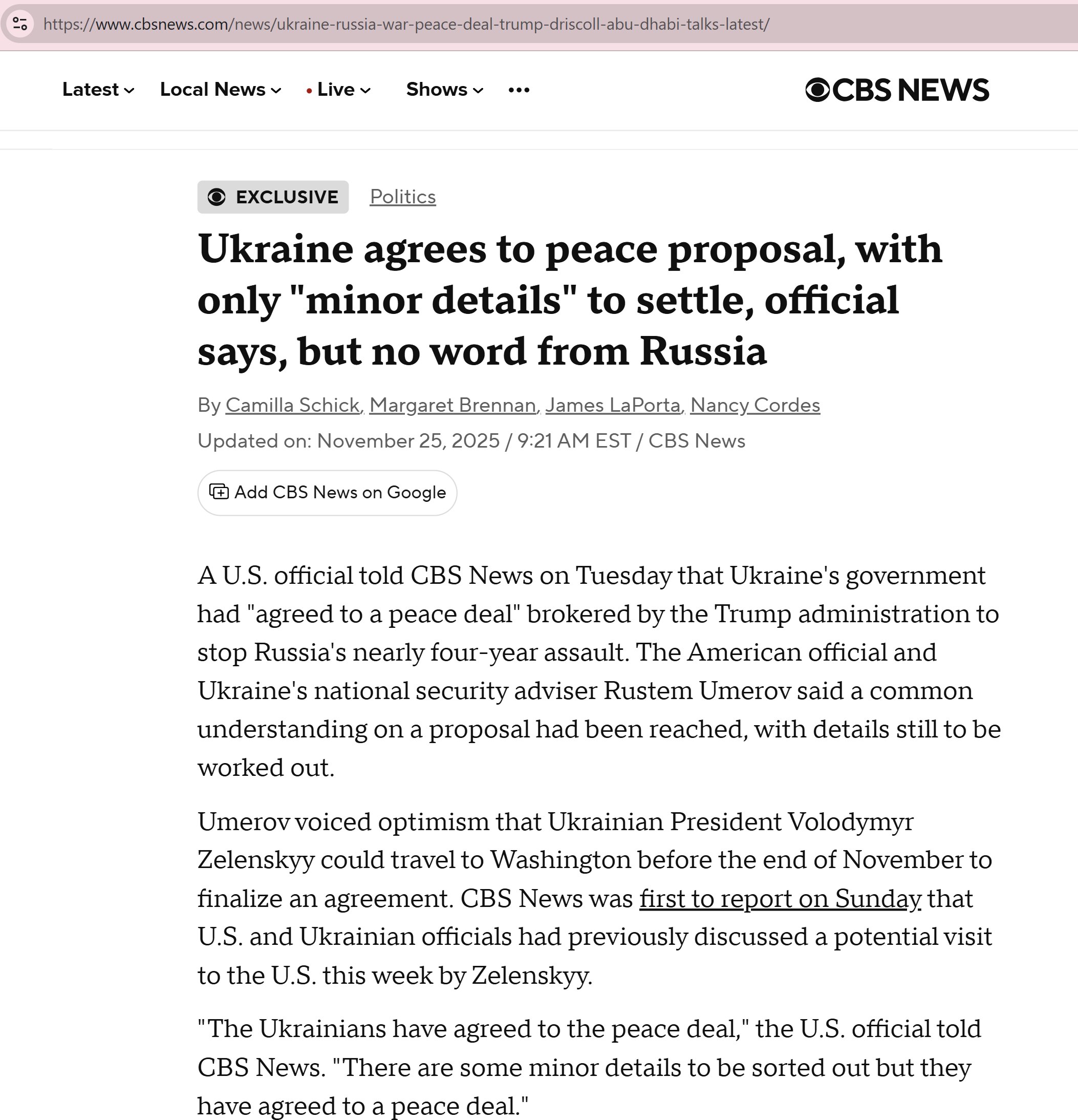 【美国之声--乌克兰接受川普政府斡旋的和平协议】2025年11月25日CBS:

一名美国官员周二告诉CBS，乌克兰政府已“同意了一项和平协议”，该协议由川普政府斡旋，旨在制止俄罗斯近四年的攻势，但具...