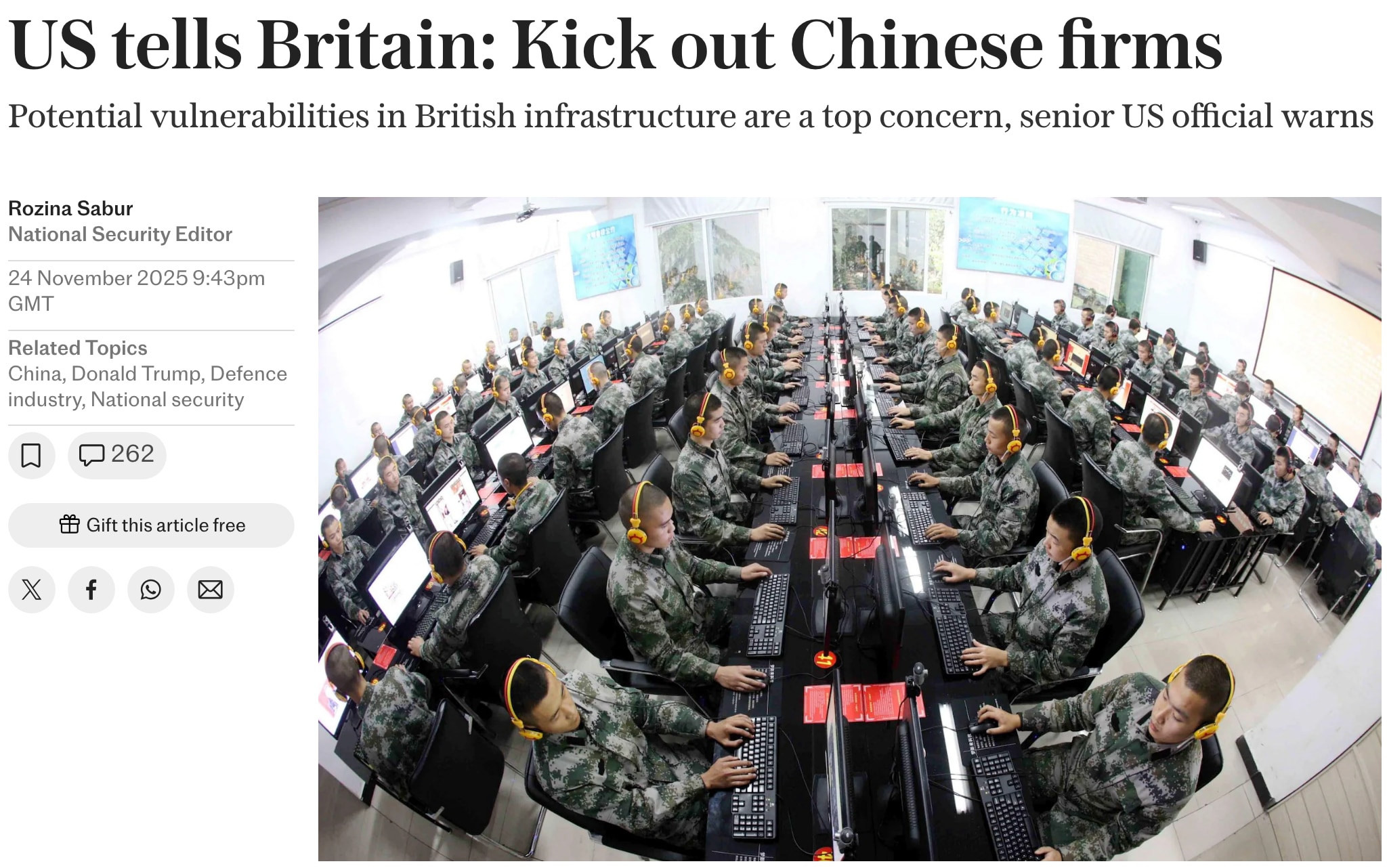 A senior U.S. official warned Britain to bar CCP-linked entities from critical infrastructure, calli...