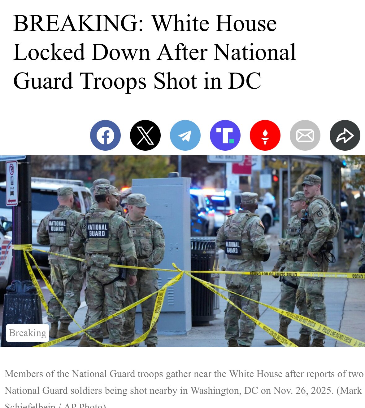 11月26日周三，美国两名 #国民警卫队 士兵在 #华盛顿 市中心附近遭 #枪击 后，#白宫 随即进入封锁状态。
事件发生在白宫附近一条繁忙的街道上。