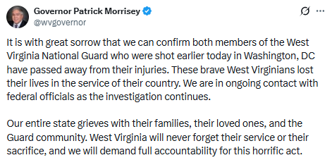 JUST IN | West Virginia Governor Patrick Morrisey confirms that the two National guardsmen have both...