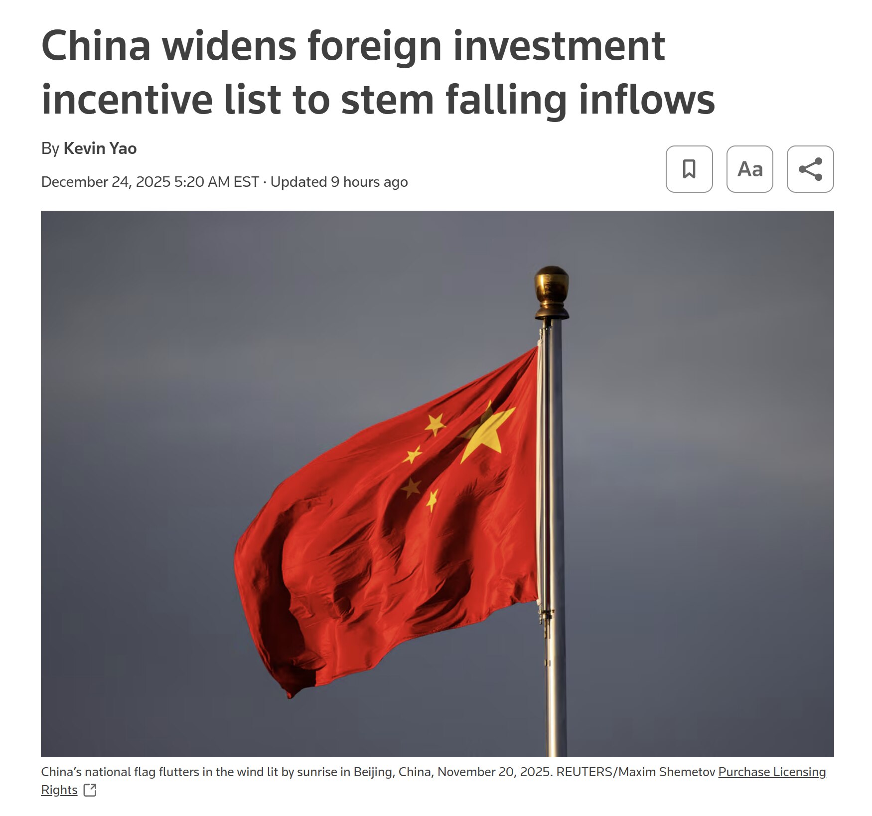 【美国之声--钱最诚实！“为遏止资本流入下滑，中共推出新举措”】2025年12月24日《路透》：

“为遏止资本流入下滑，周三中共国公布了更多享有外商投资优惠的产业领域，从税收减免到土地优惠使用”。
...