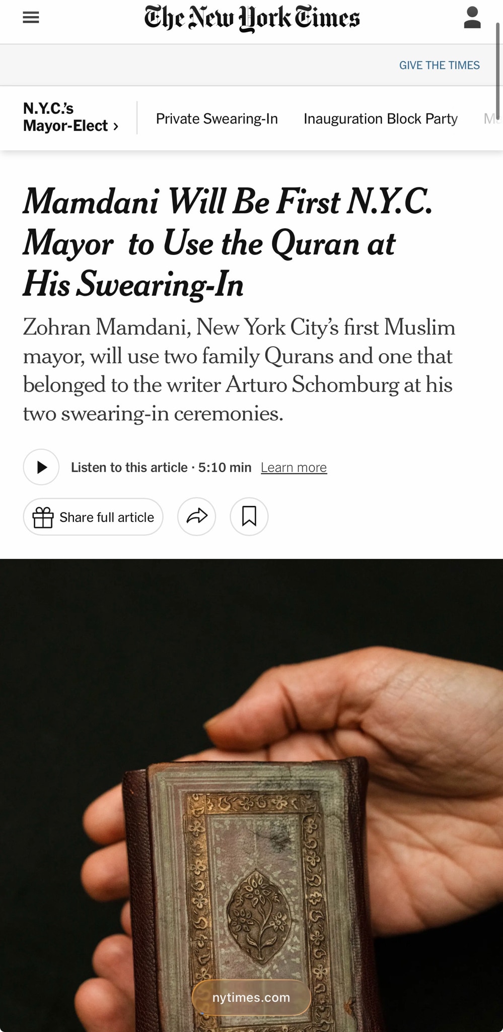 “It’s a highly symbolic choice because we’re about to have a Muslim mayor swearing in using the Qura...