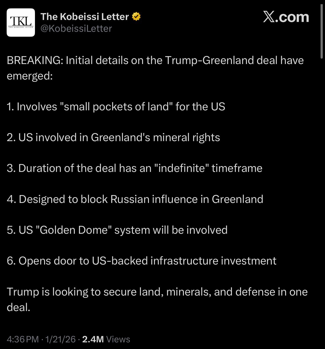 Steve Bannon on GETTR: KOBEISSI LETTER: Initial details on the  Trump-Greenland deal have emerged: https://x .com/kobeissiletter/status/2014089644288196691?...