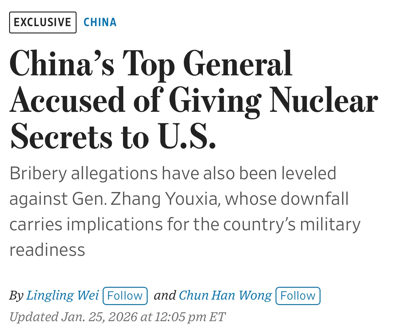 BREAKING: China’s top general is accused of giving nuclear-weapons secrets to the U.S., said people ...