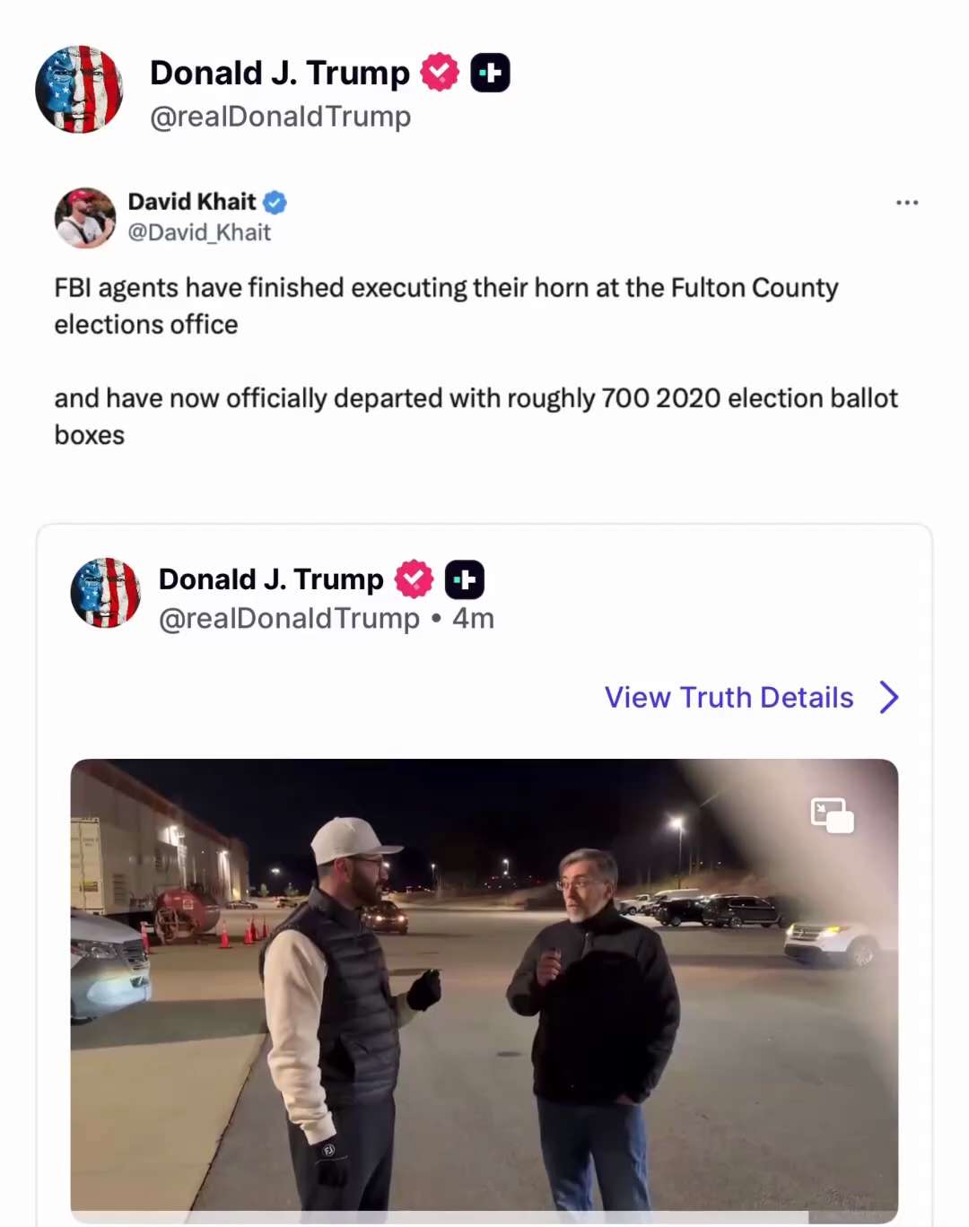 #川普总统刚刚发帖称联邦调查局在佐治亚州富尔顿县带走了700个2020年大选投票箱🗳️
国家情报总监图尔西·加巴德也现身选举现场，这可是件大事！
该选举现场此前遭到联邦调查局突袭，疑似涉及2020年...