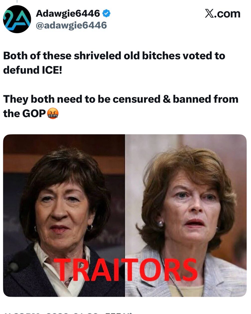 Lisa Murkowski voted to defund ICE

She needs to be censured and banned from the Republican Party ! ...