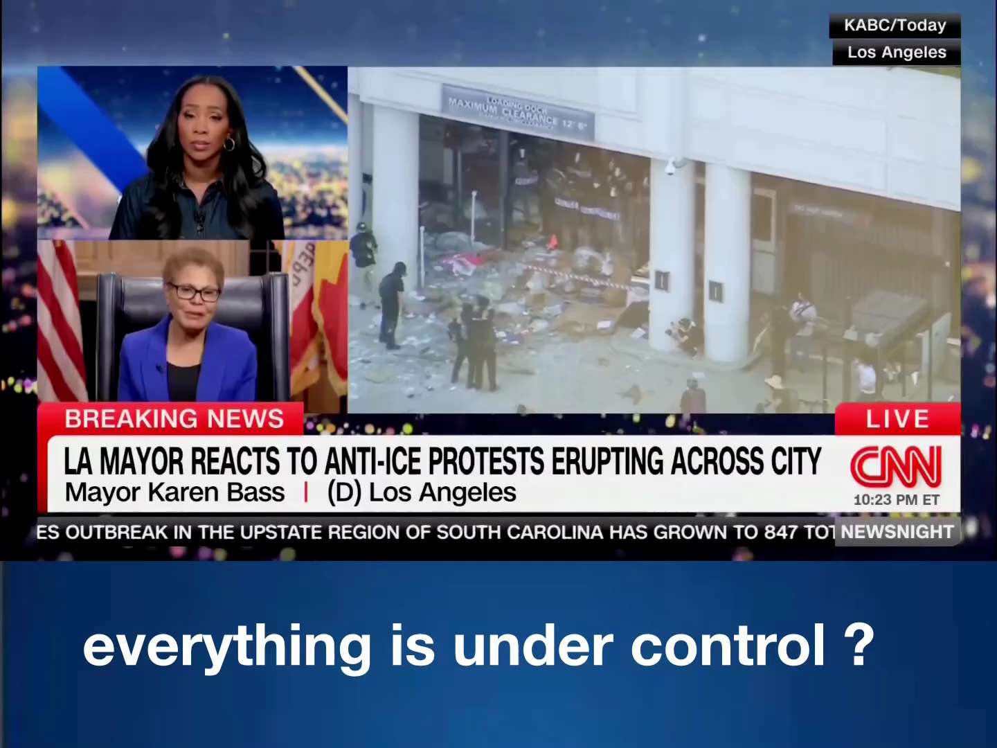 🚨UNREAL:  Mayor Karen Bass stands there claiming everything is under control while the screen behin...